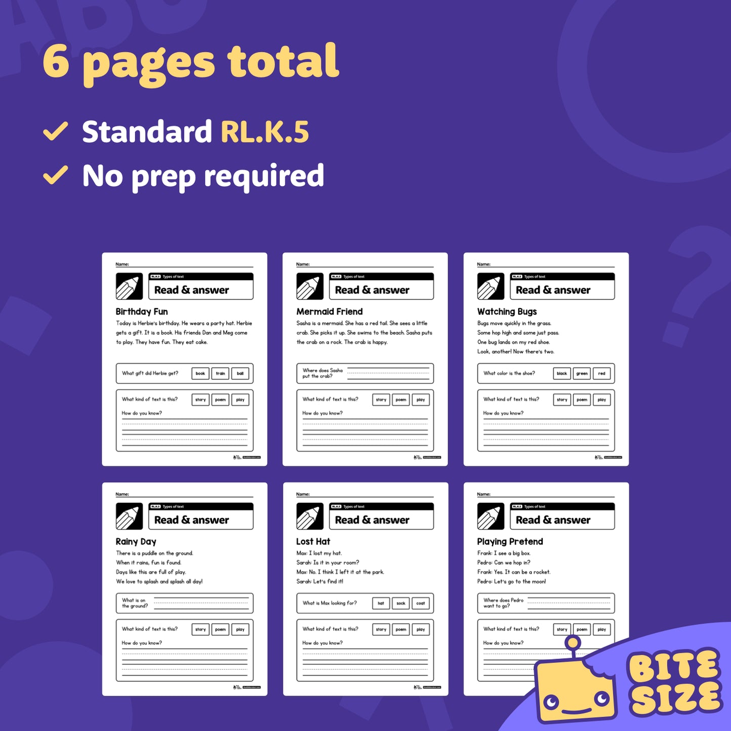 Six printable kindergarten worksheets labeled RL.K.5 are displayed.