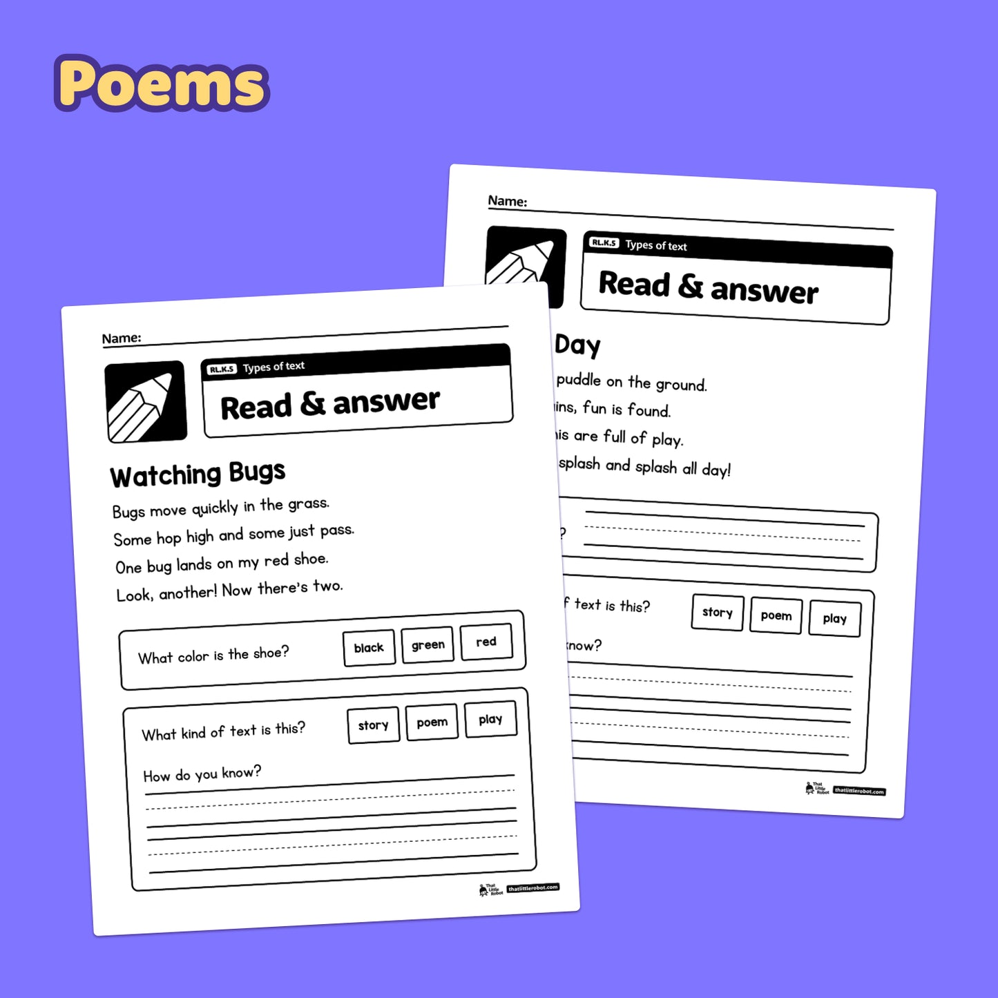 Two worksheets labeled "Kindergarten Types of Text" with text and illustrations.