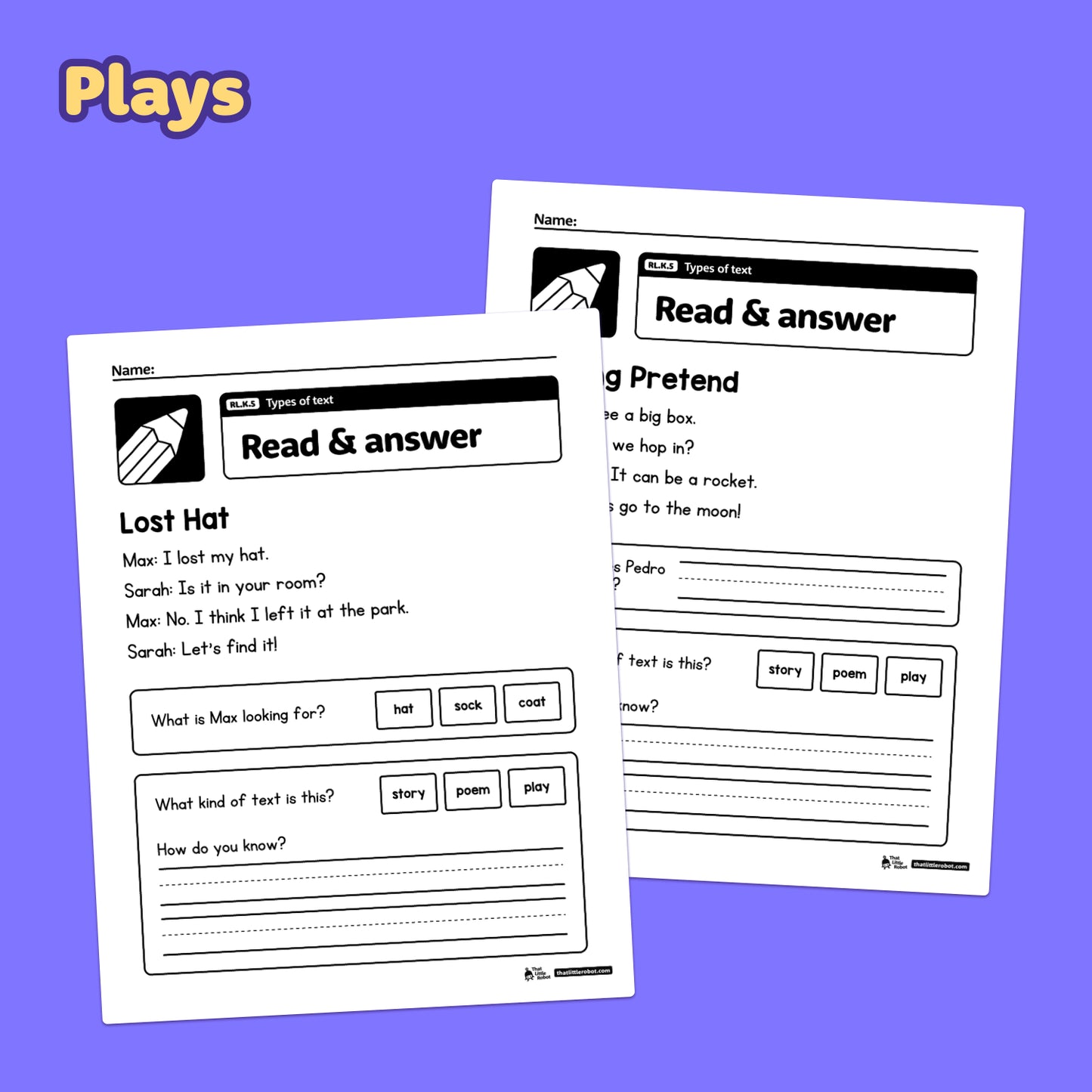 Two worksheets with the title "Types of Text" and various text-based activities.