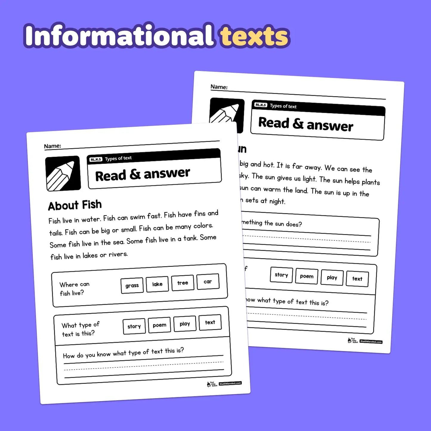 Printable kindergarten worksheets labeled RL.K.5 about types of text.