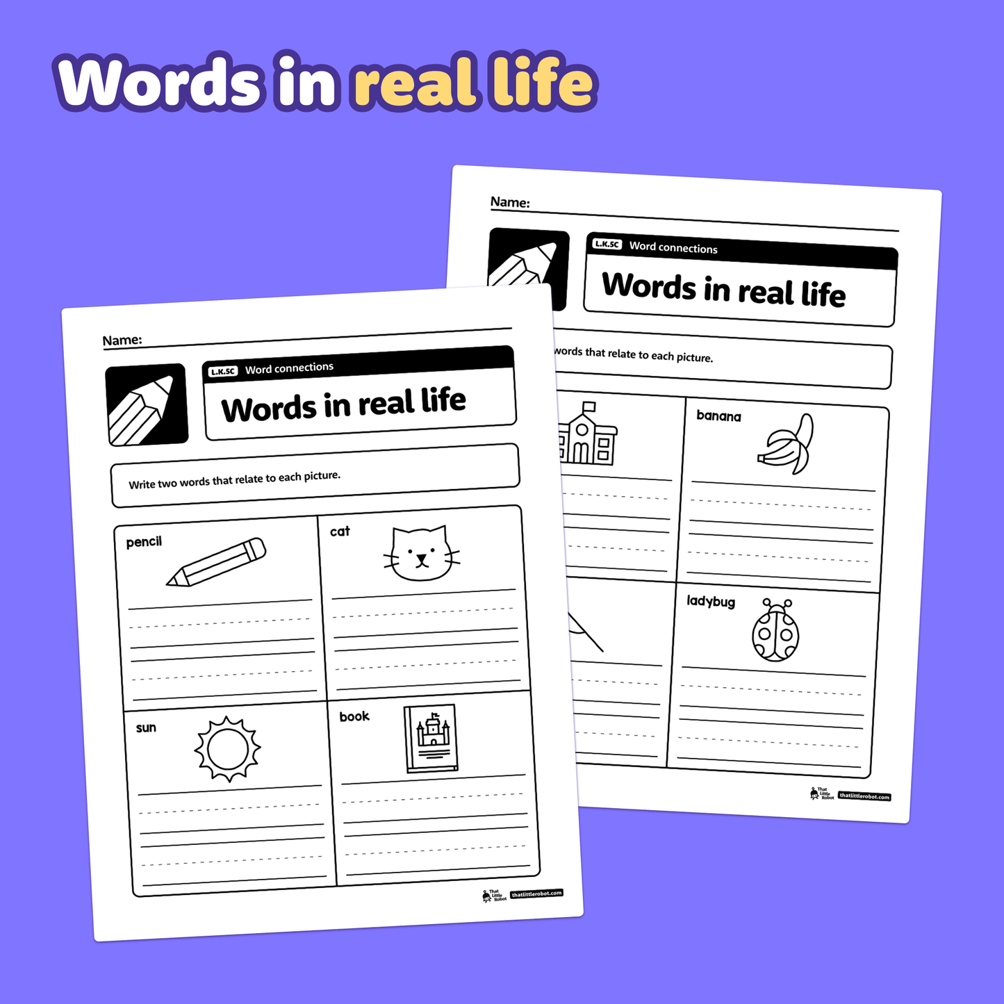 Two worksheets show word and picture matching activities for kindergarten.