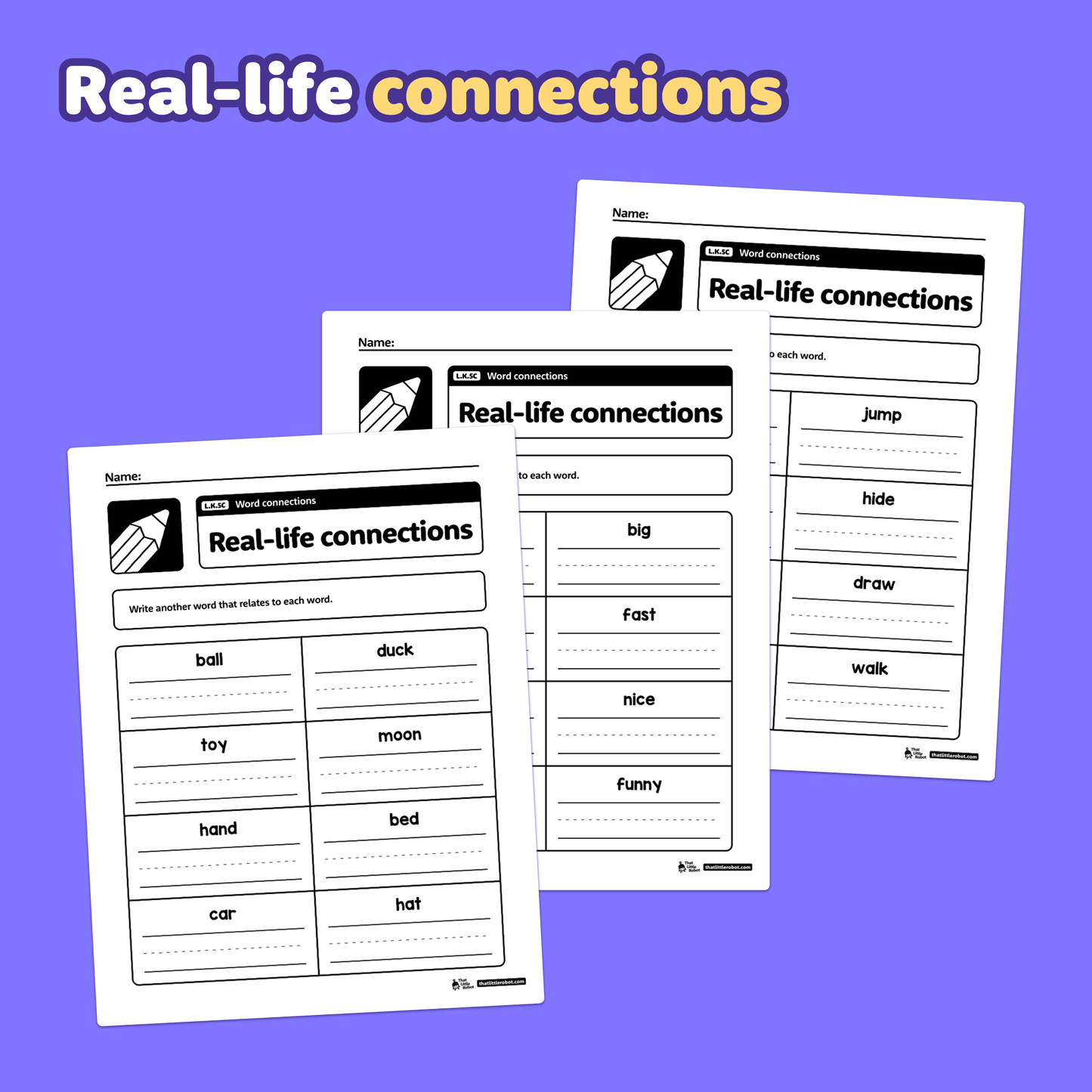 Printable worksheets labeled L.K.5c with word connection activities for kindergarten.