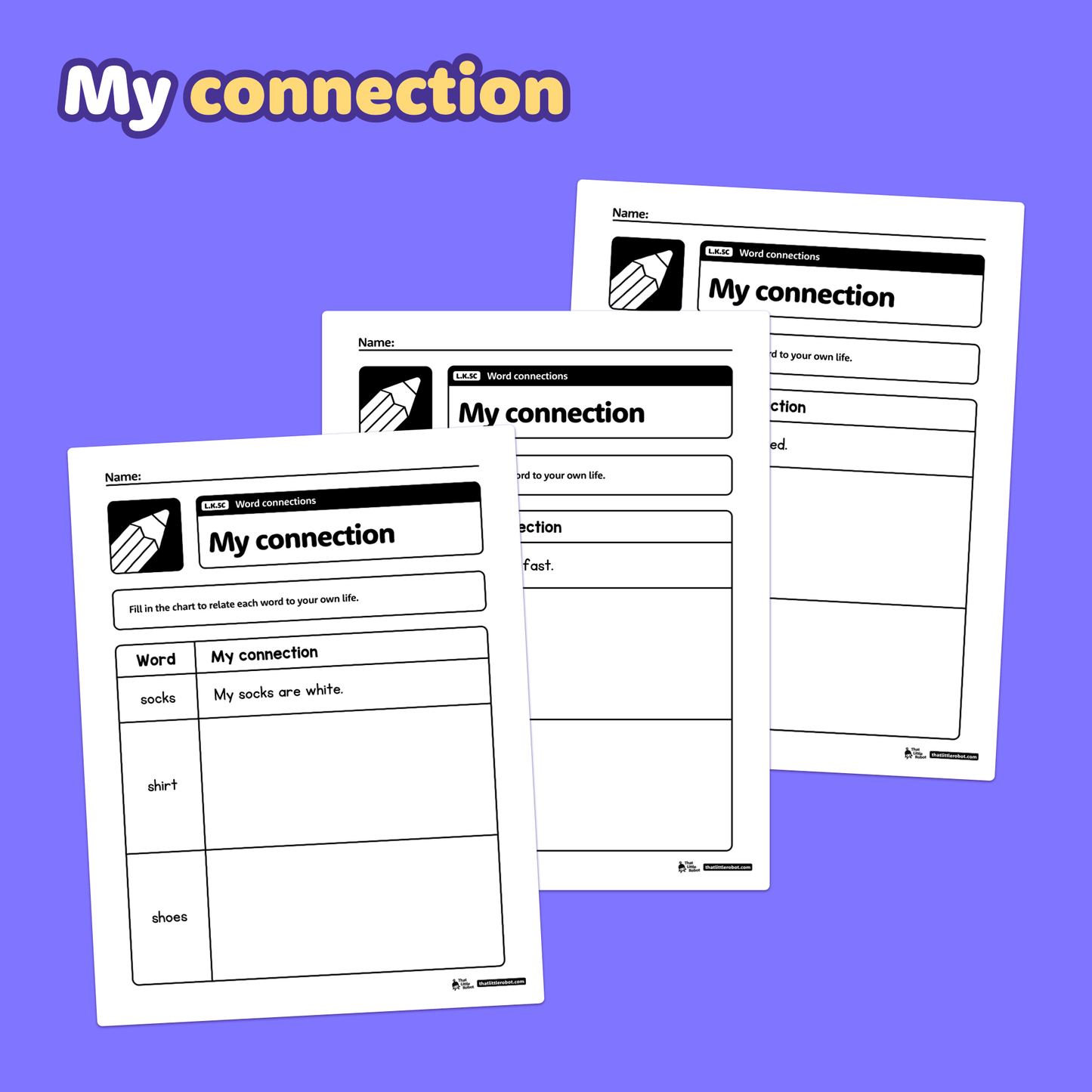 Three kindergarten word connection worksheets with matching and word tasks.