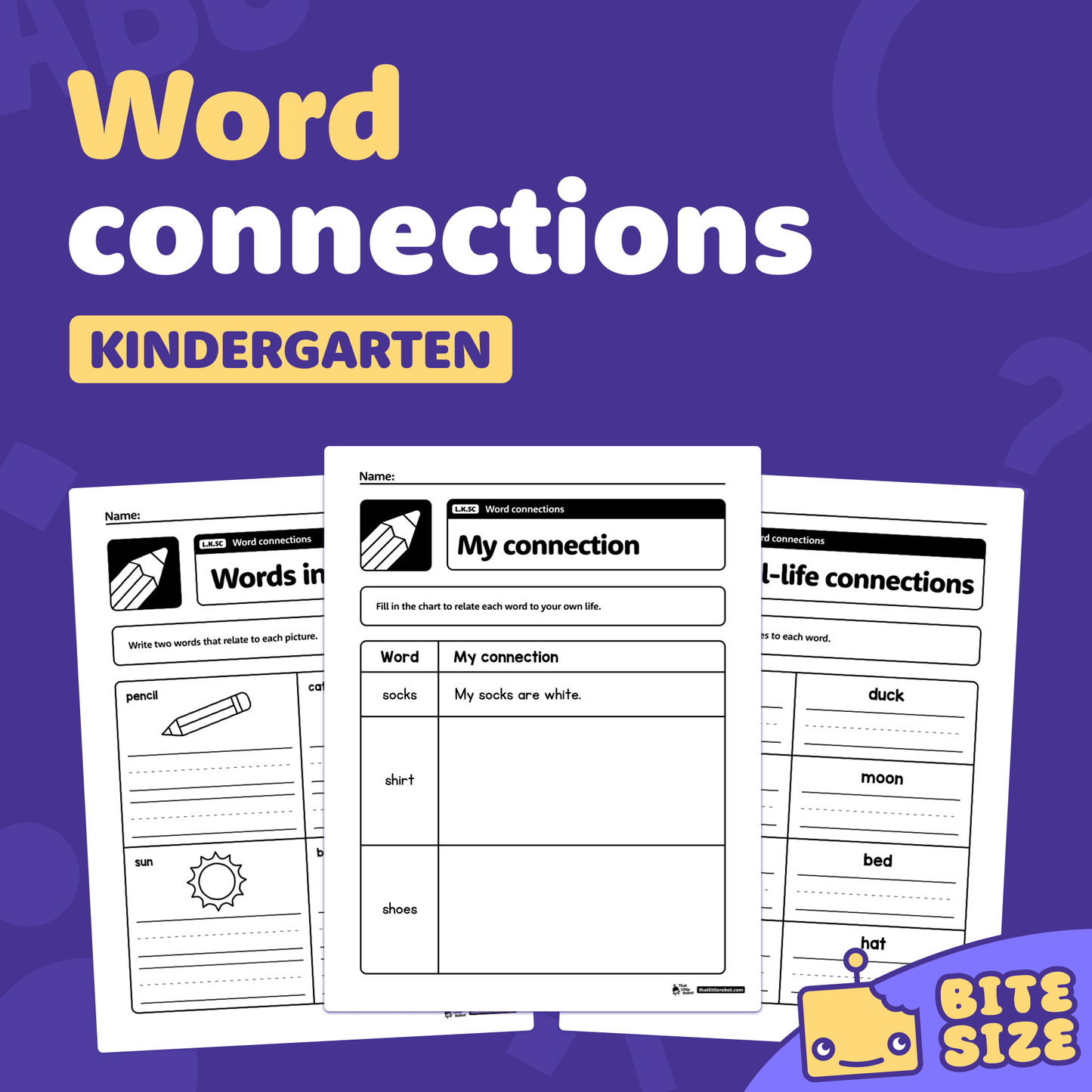 Printable kindergarten word connections worksheets labeled L.K.5c are shown.