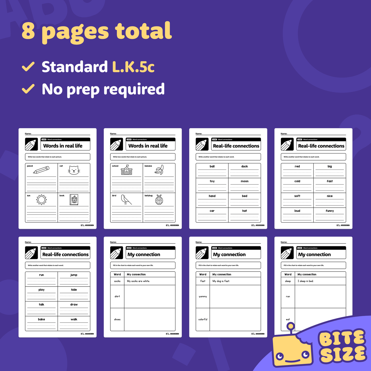 Preview of eight kindergarten word connections worksheets with a small logo.