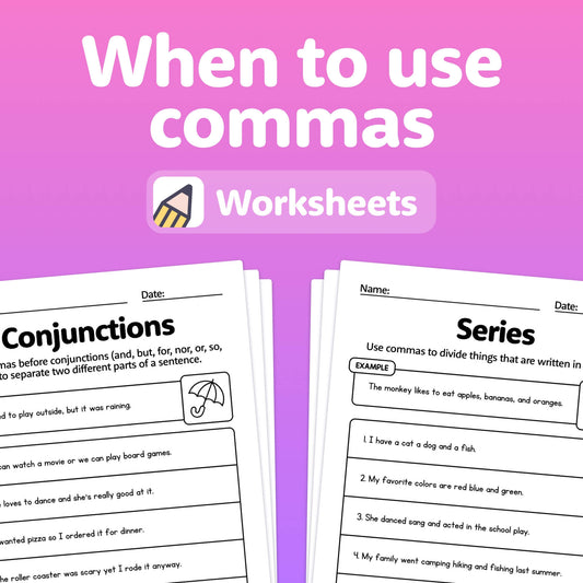 Worksheets with sections on using commas in conjunctions and series.