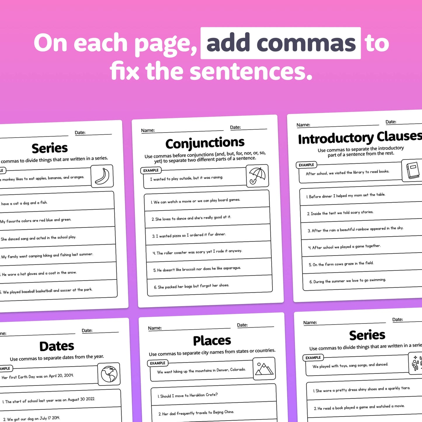 Six white boxes with rules and examples for using commas.