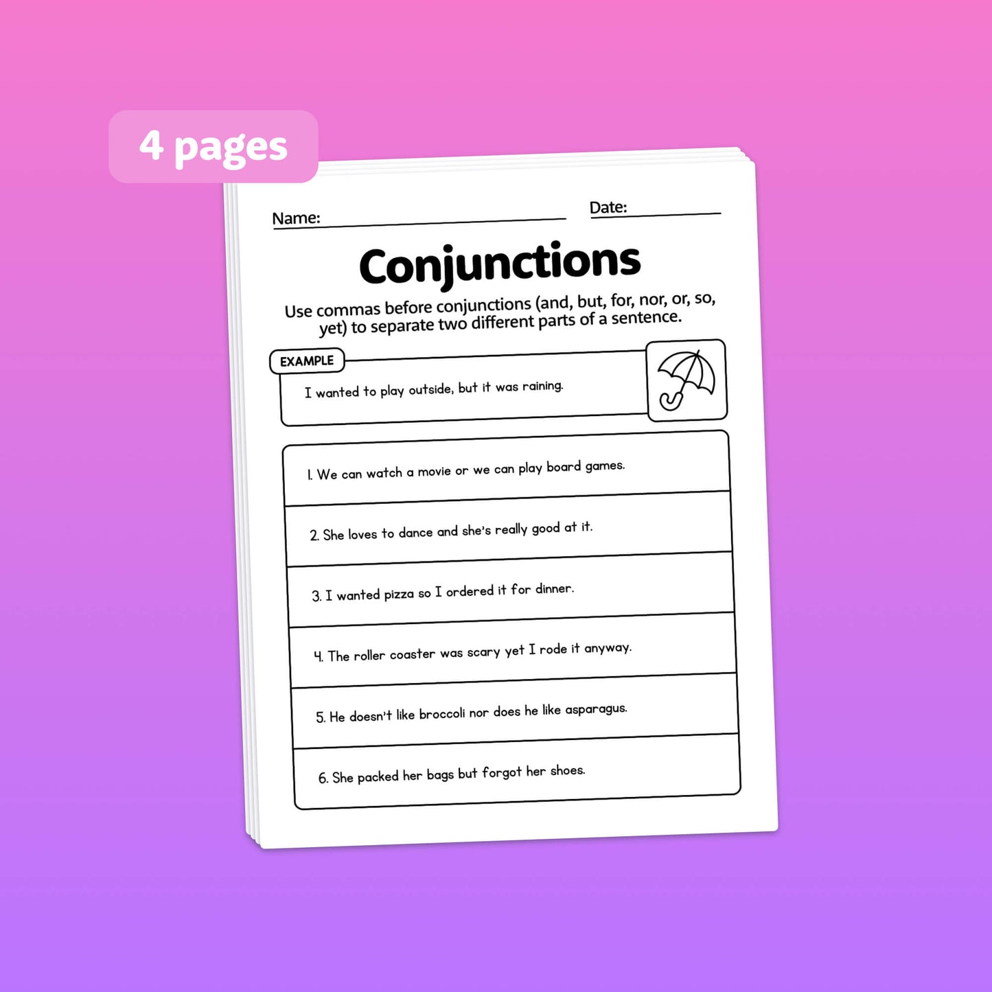 Worksheet titled "When to Use Commas" with list of sentences.
