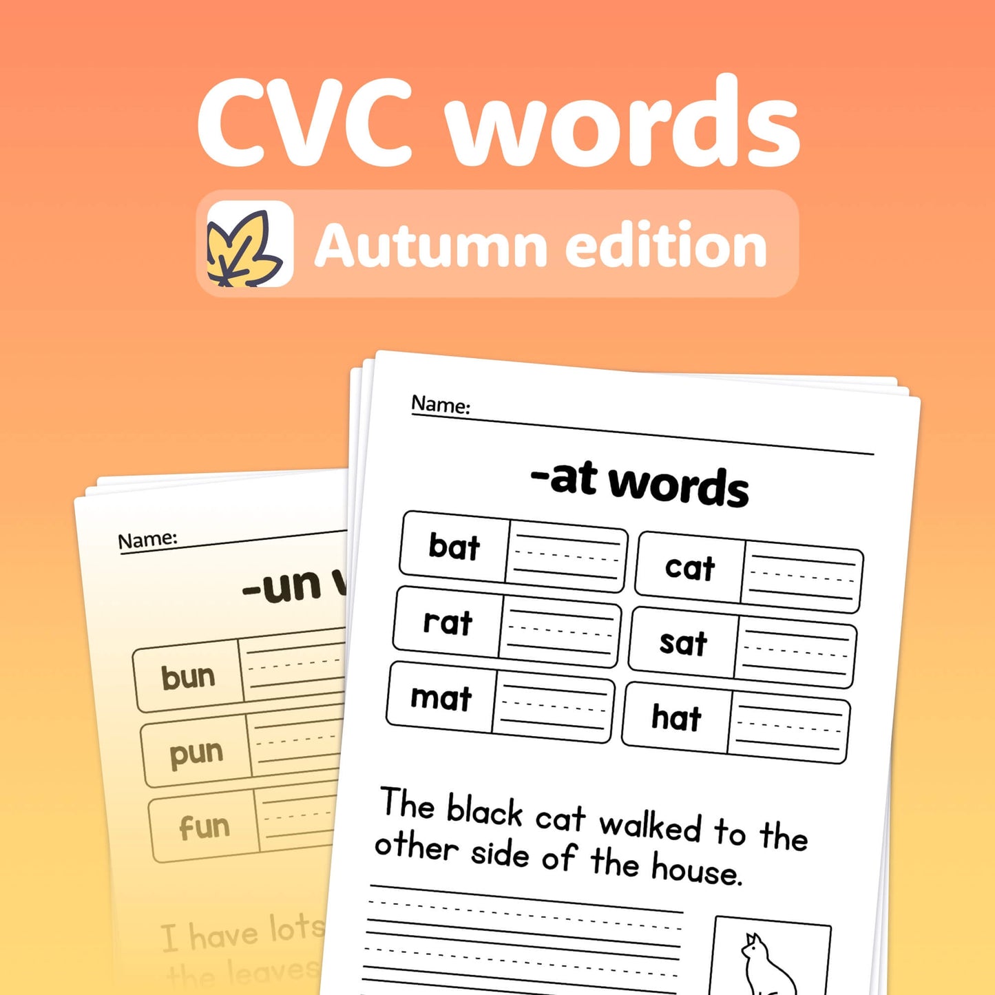 Autumn-themed worksheets focused on -at and -un CVC words.