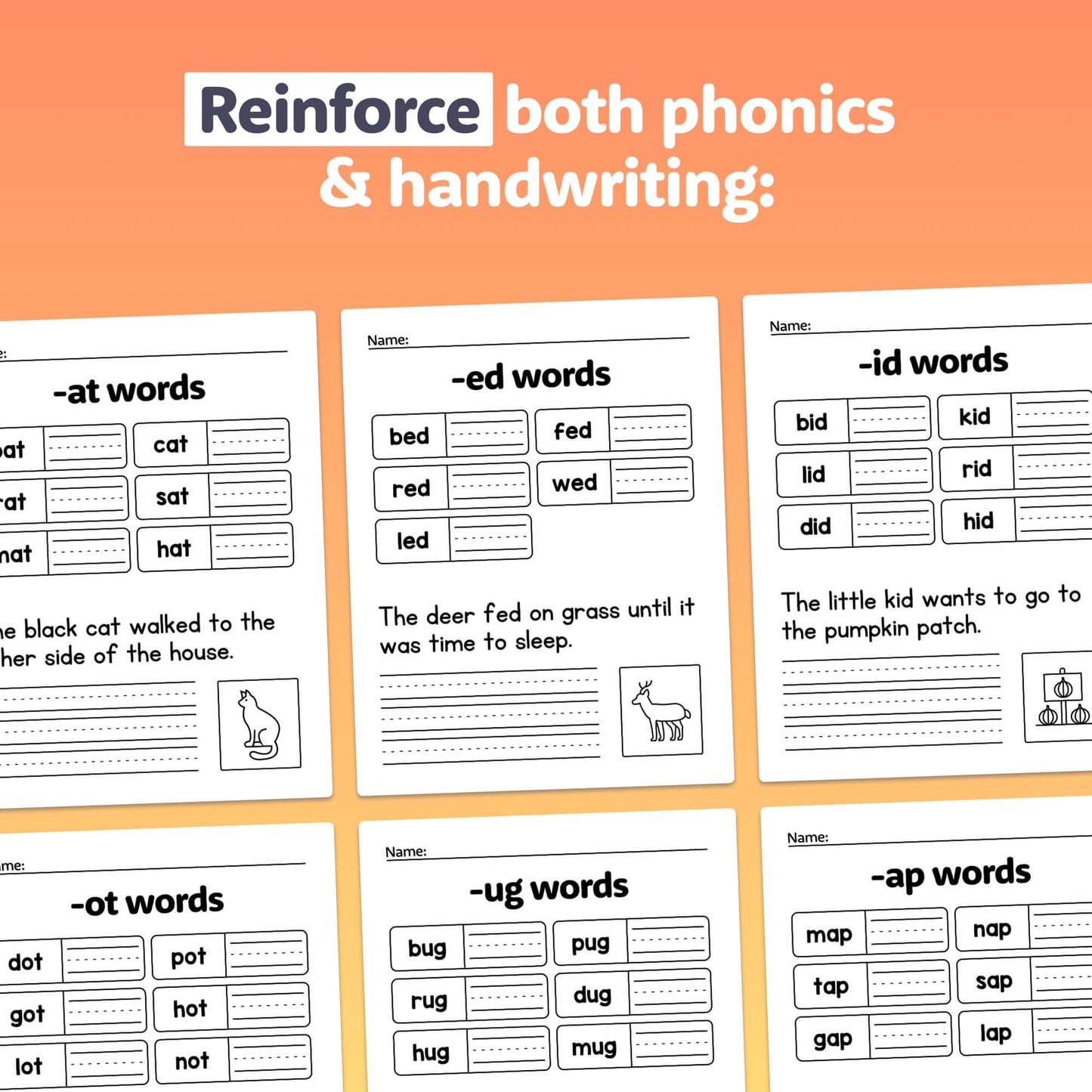 Autumn-themed worksheets with -at, -ed, -id, -ot, -ug, and -ap word groups.