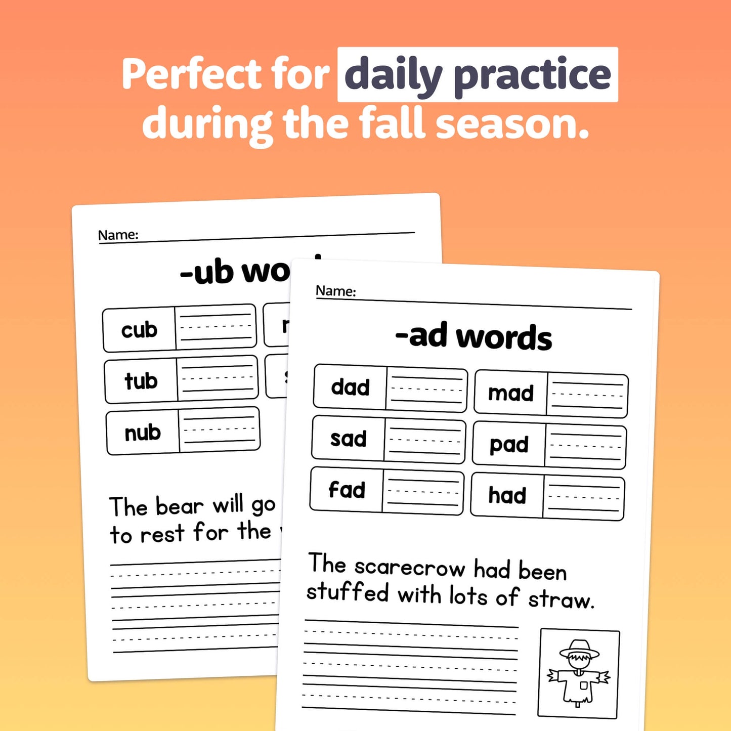 CVC words worksheets with -ub and -ad words for daily practice.