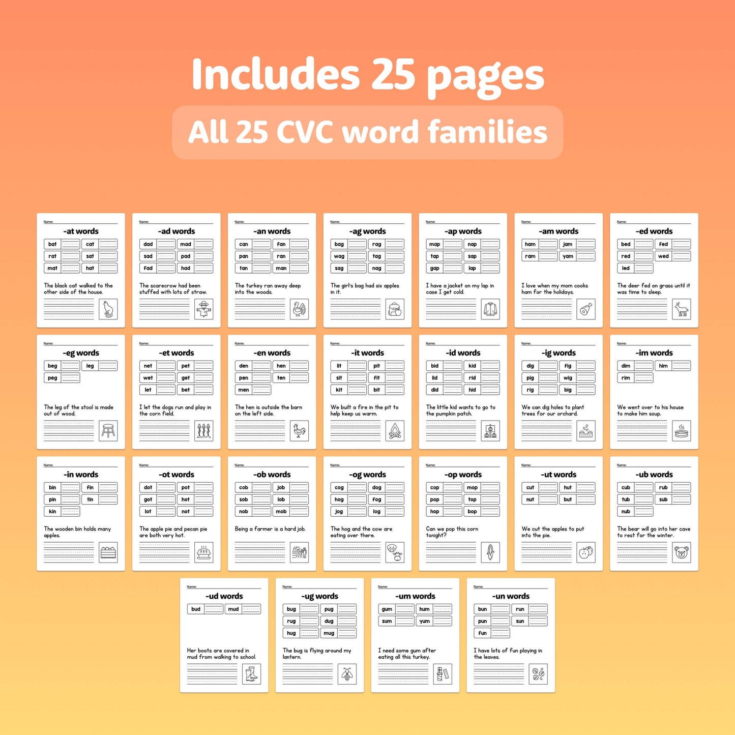 Twenty-five pages of Autumn CVC Words Worksheets.