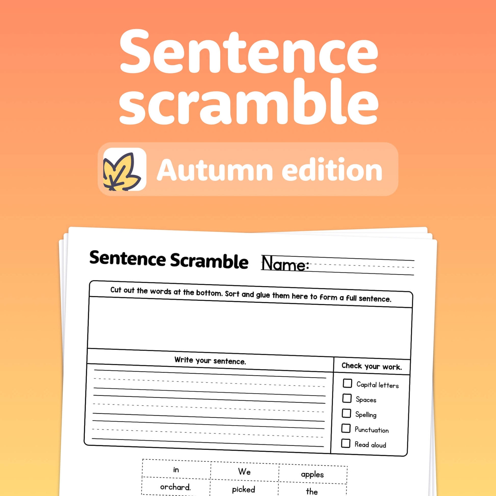 Autumn-themed sentence scramble worksheets with blank spaces for writing.