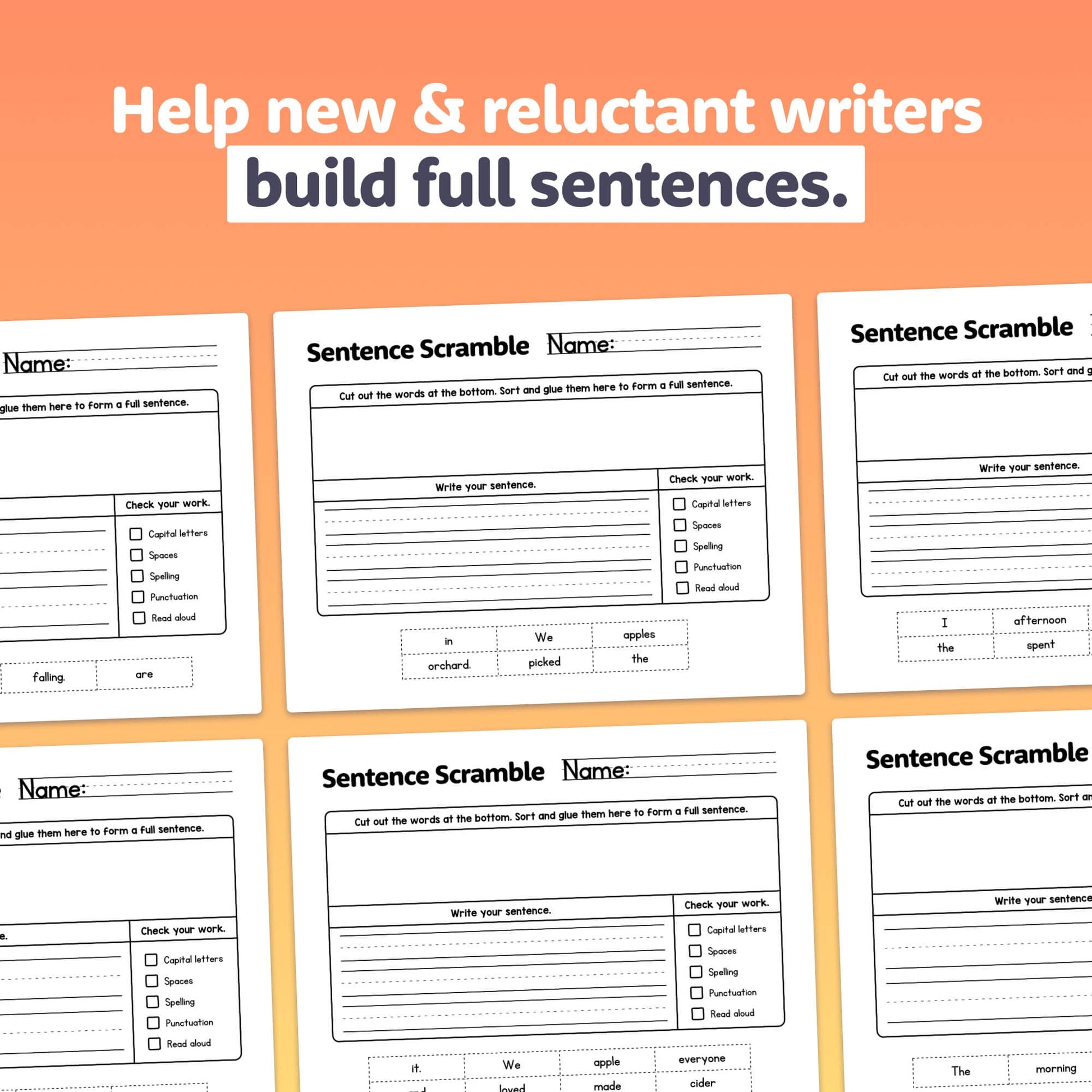 Six worksheets for building full sentences, titled "Autumn Sentence Scramble Worksheets".