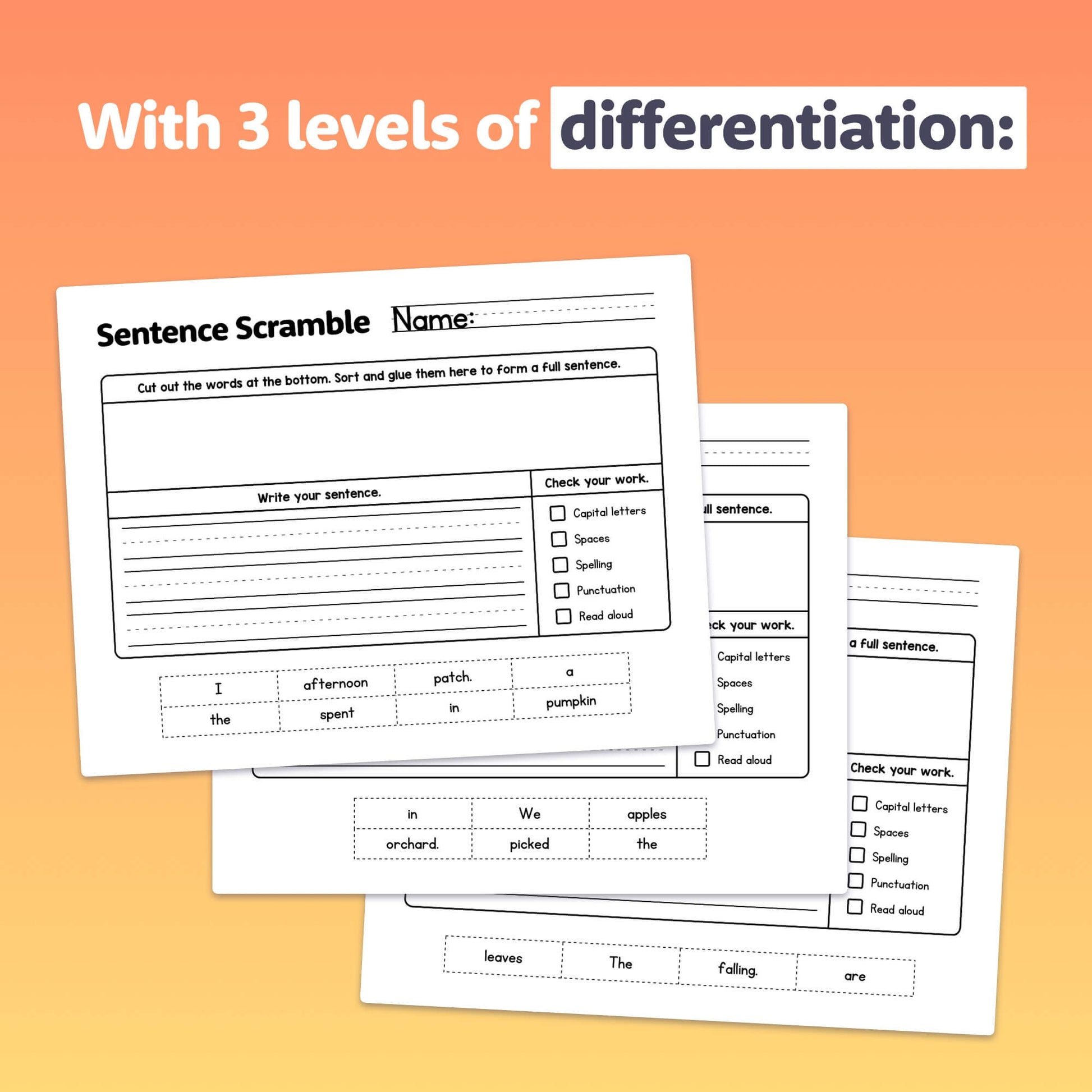 Three autumn-themed sentence scramble worksheets.