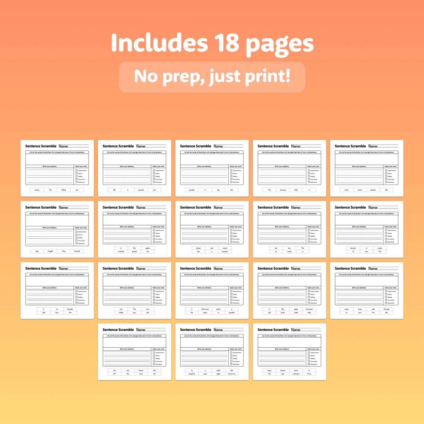Image of 18 printable pages of Autumn Sentence Scramble Worksheets.