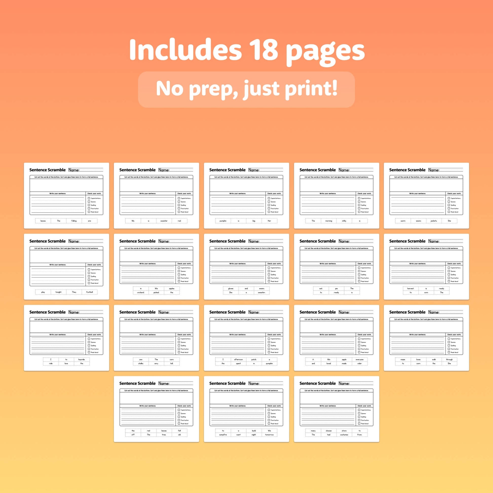 Image of 18 printable pages of Autumn Sentence Scramble Worksheets.