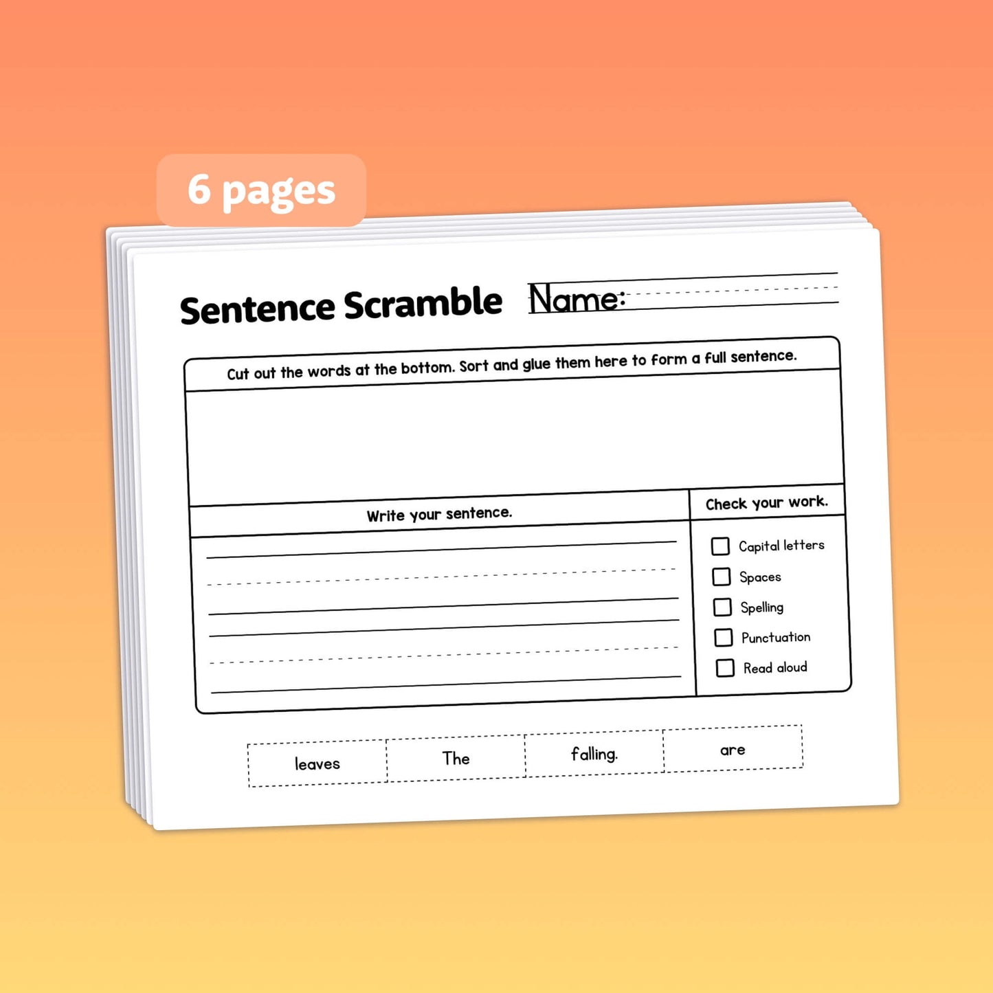 Autumn sentence scramble worksheets with word cutouts and checkboxes.