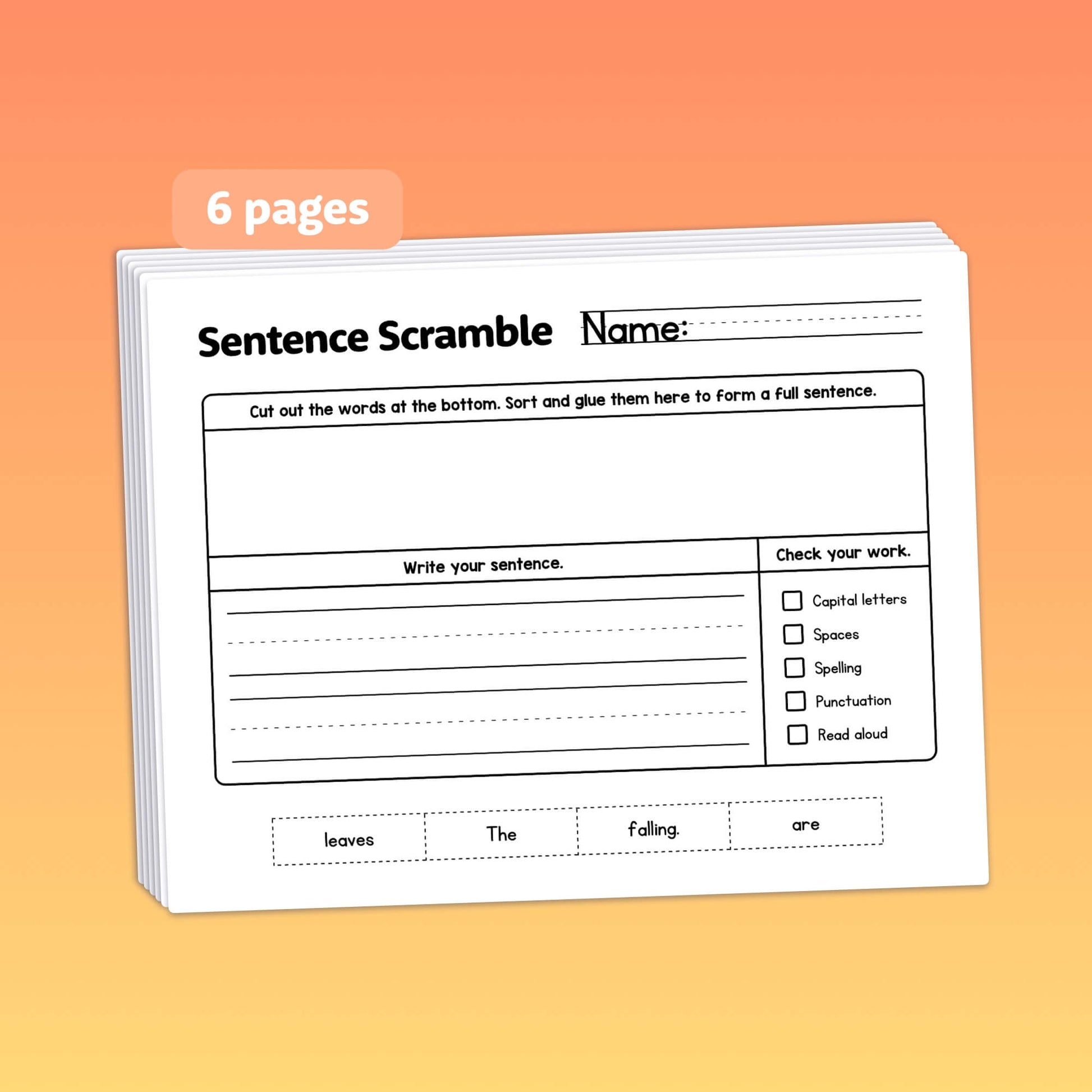 Autumn sentence scramble worksheets with word cutouts and checkboxes.