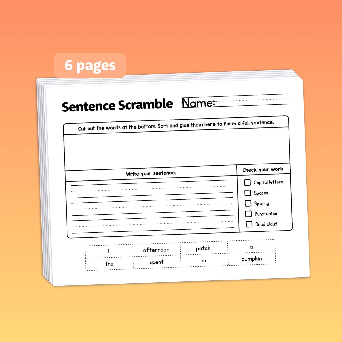 A stack of Autumn Sentence Scramble Worksheets.