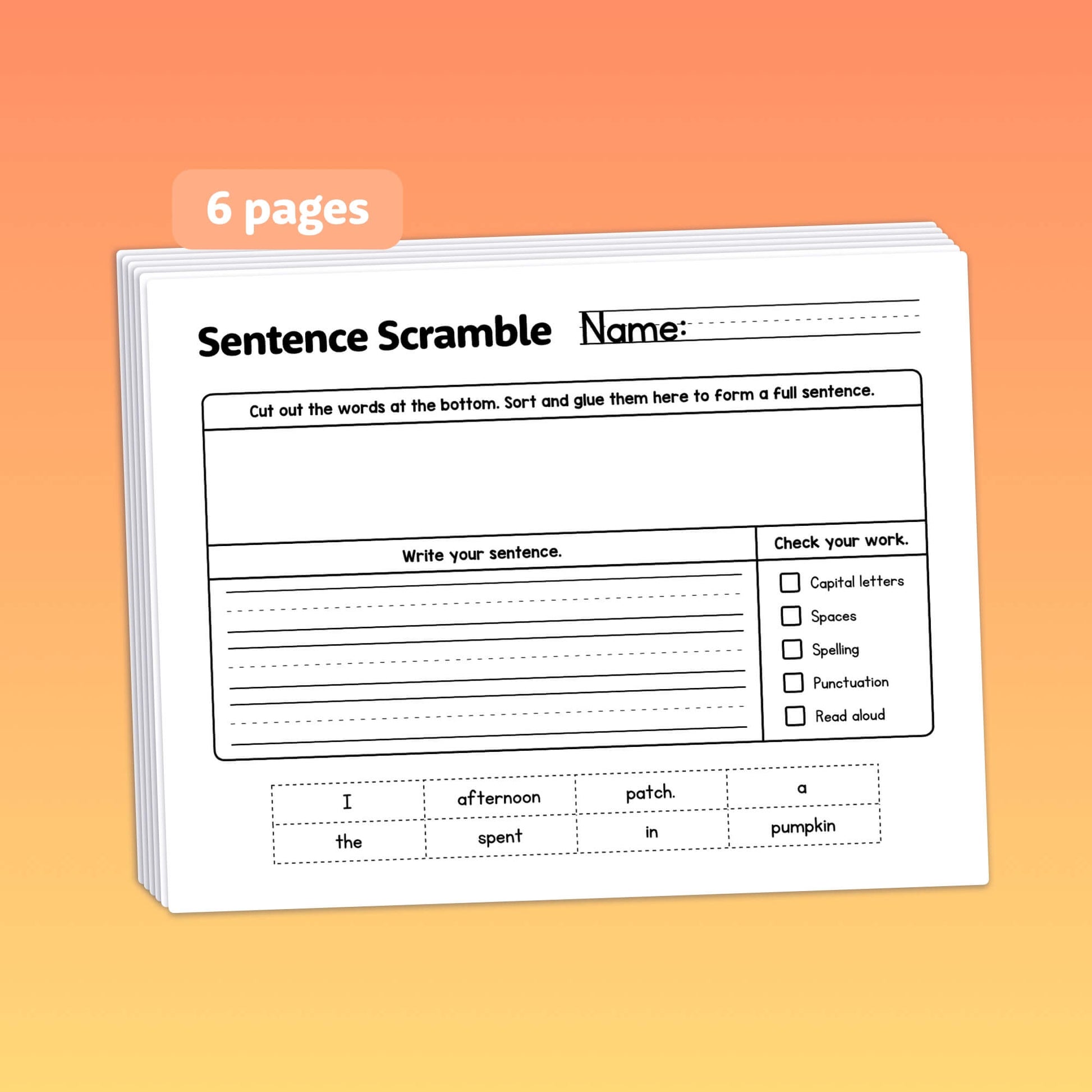 A stack of Autumn Sentence Scramble Worksheets.