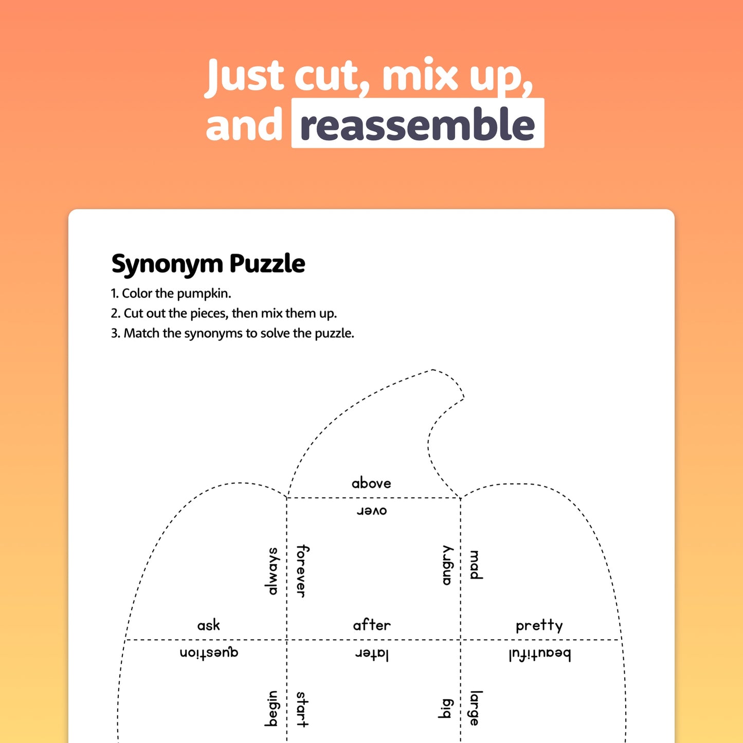 Autumn-themed synonym puzzles with pumpkin pieces and included instructions.
