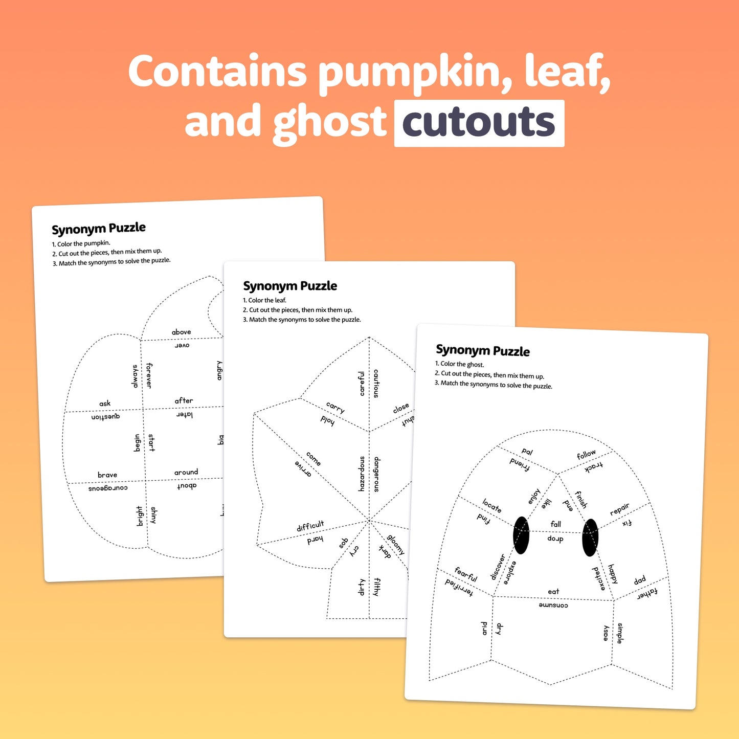 Three Autumn Synonym Puzzles with pumpkin, leaf, and ghost cutouts.