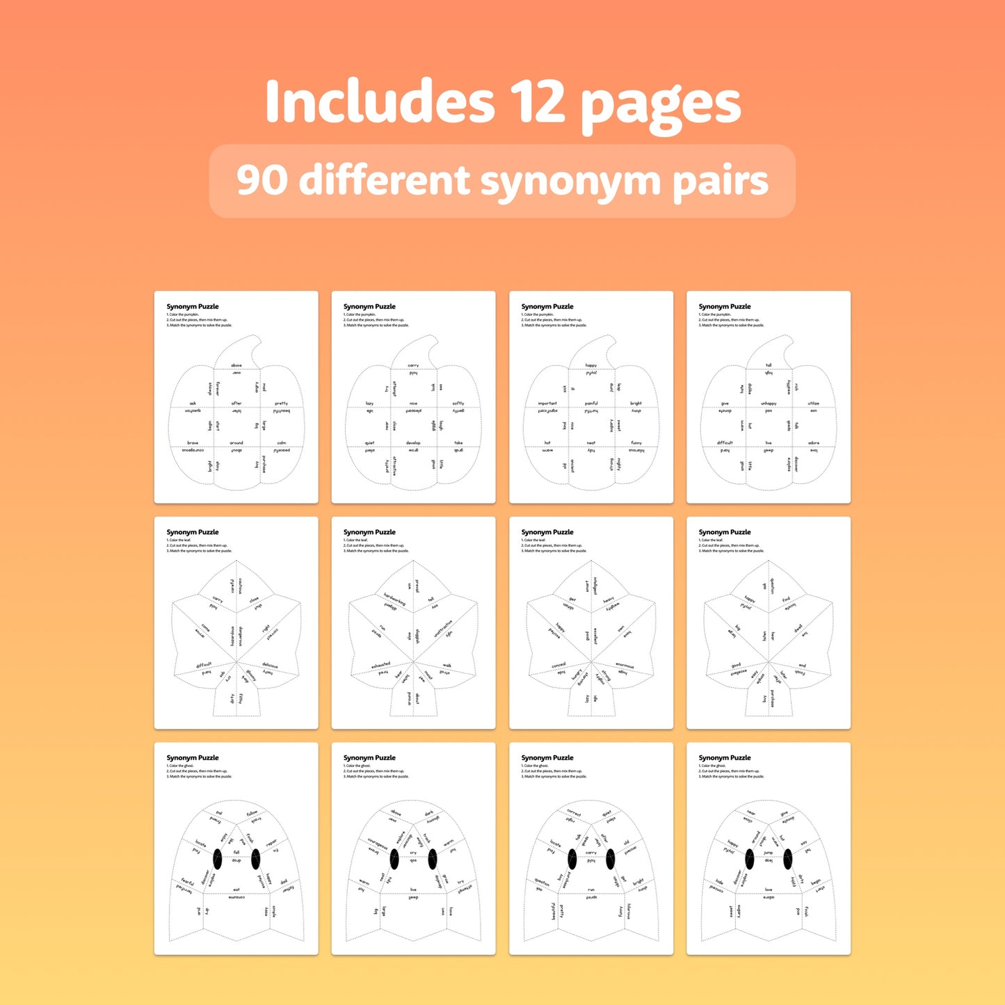 Printable 12-page PDF with synonym puzzles and text challenges.