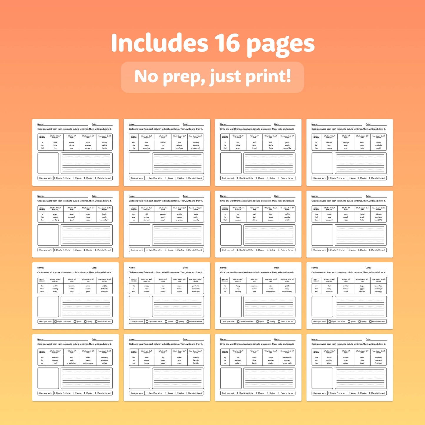 Grid of worksheets labeled "Includes 16 pages. No prep, just print!