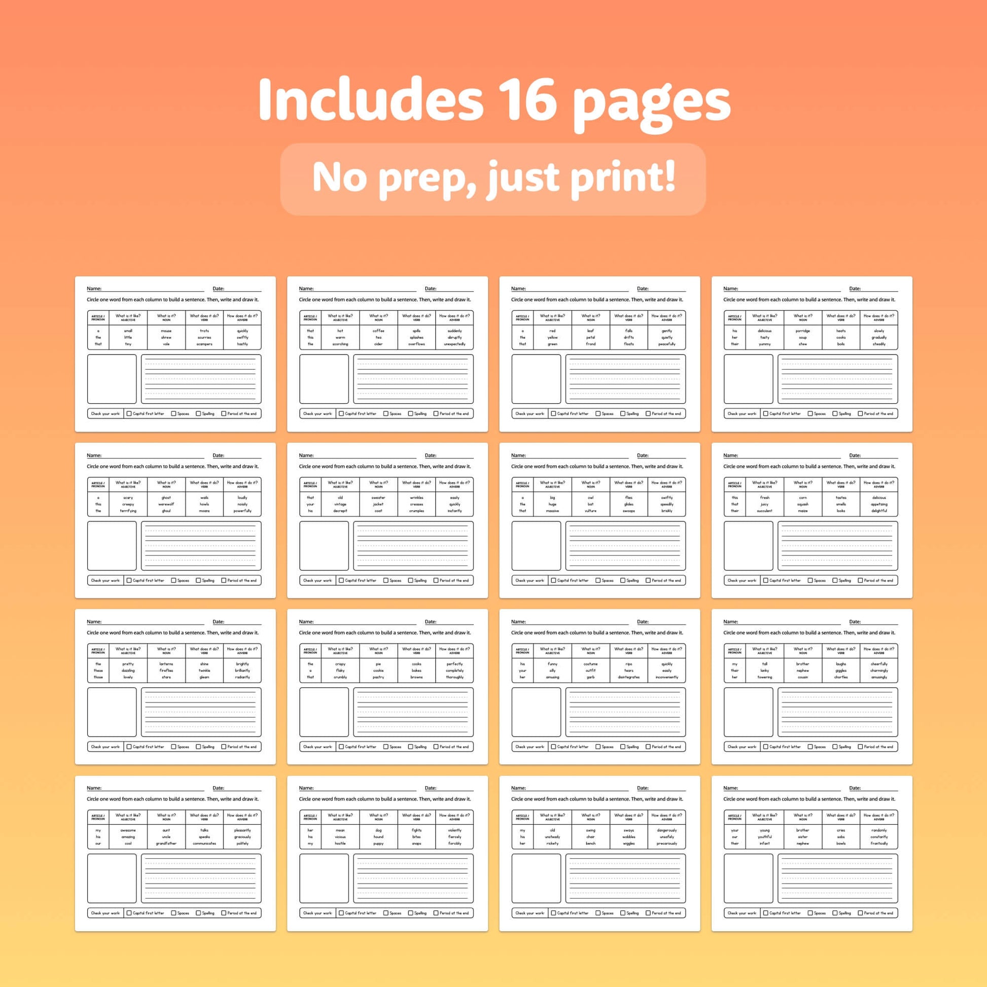 Grid of worksheets labeled "Includes 16 pages. No prep, just print!