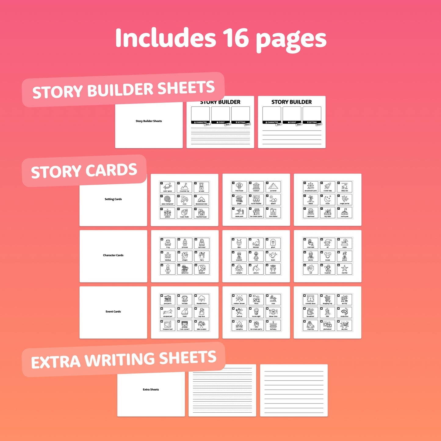 Pack of 16 pages with story builder sheets, story cards, and writing sheets.