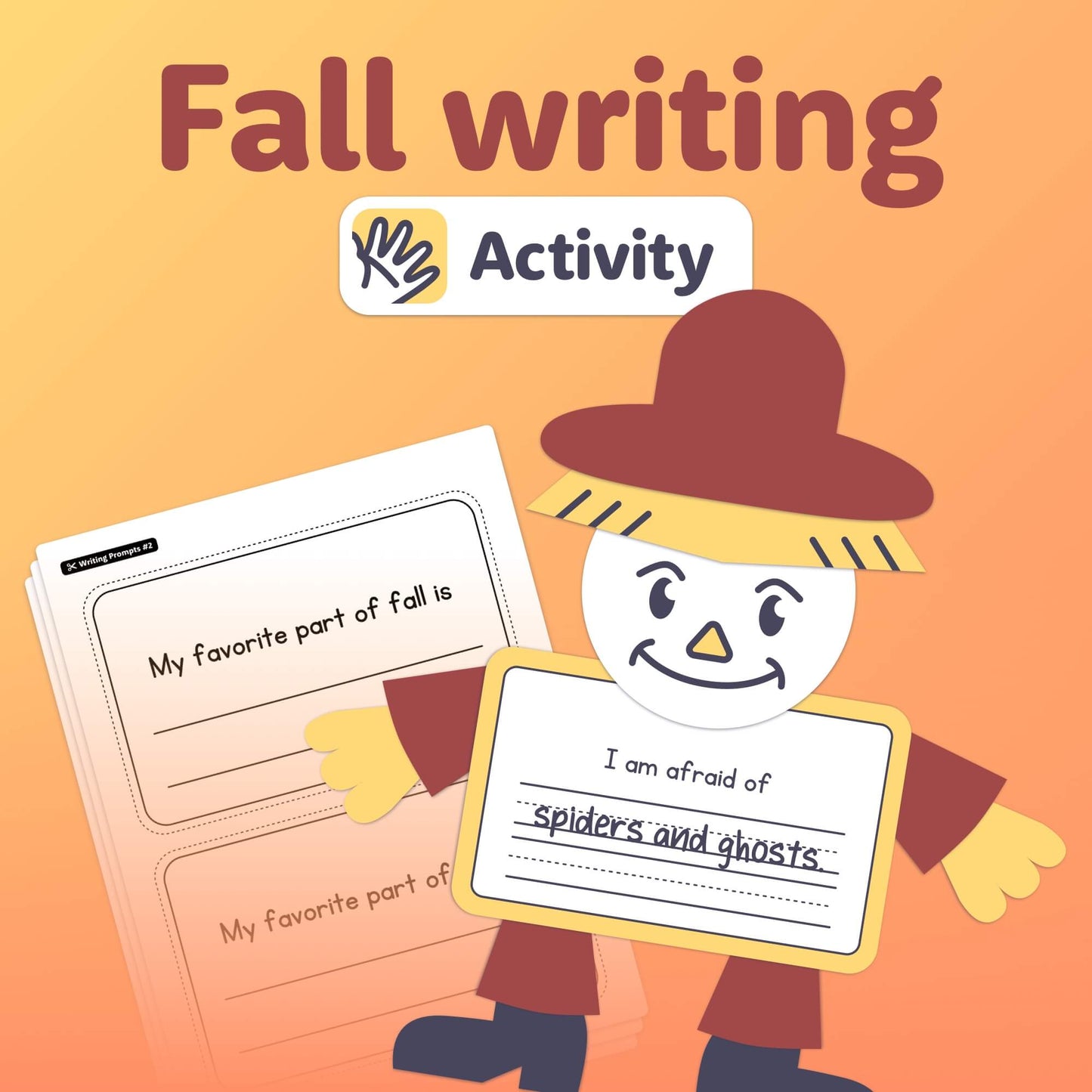 Autumn scarecrow writing prompt and completed worksheet about fears.