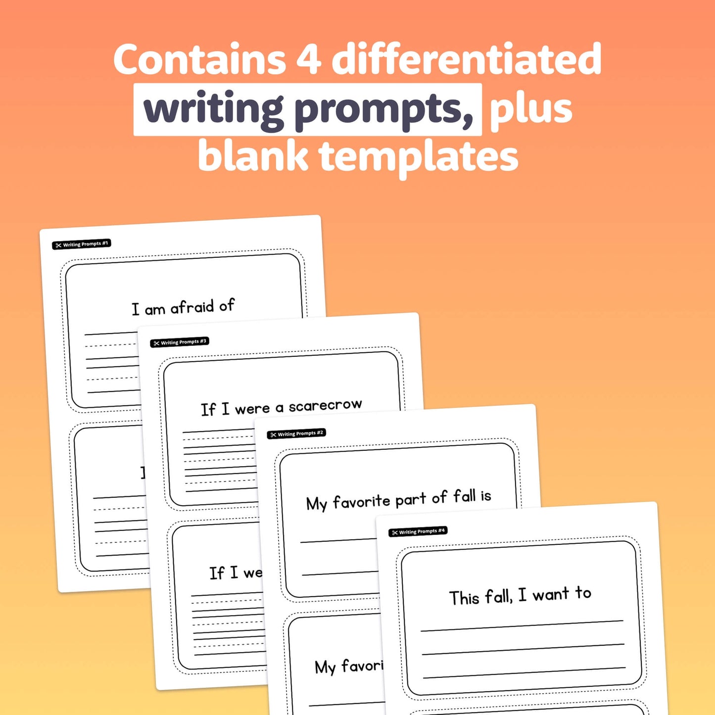 Four unique writing prompts titled "Autumn Scarecrow Writing Activity.