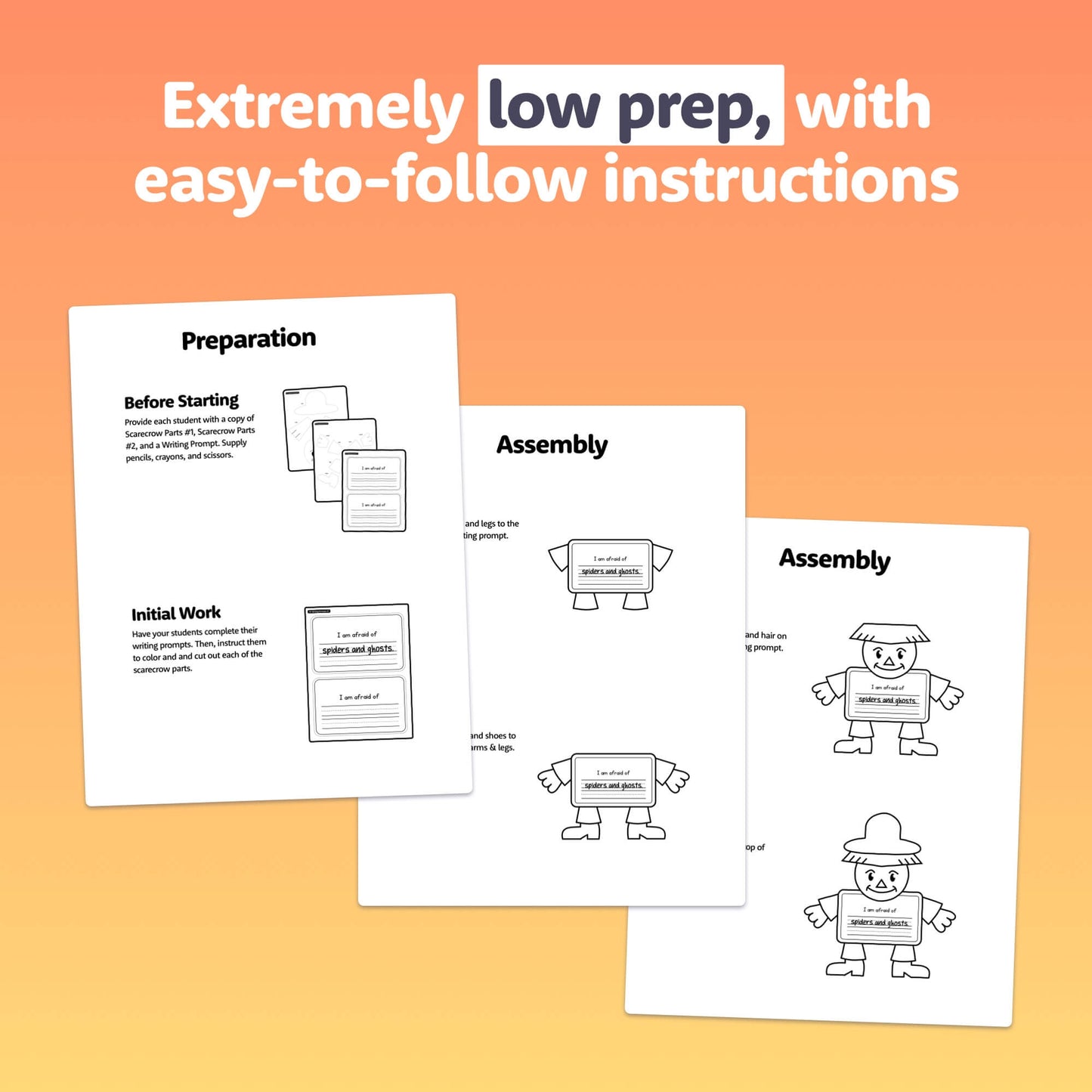 Autumn Scarecrow Writing Activity instructions with assembly steps. Low prep craft.