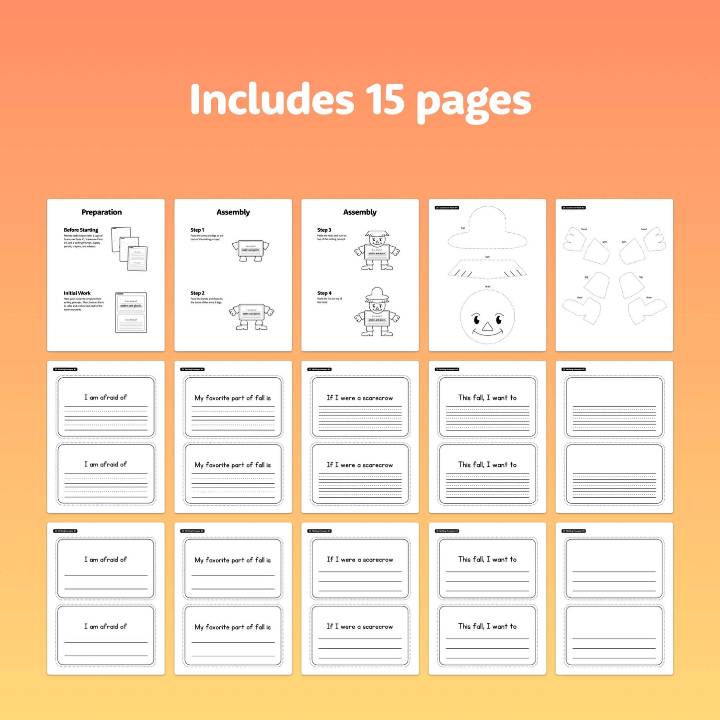 15 Autumn Scarecrow Writing Activity sheets.