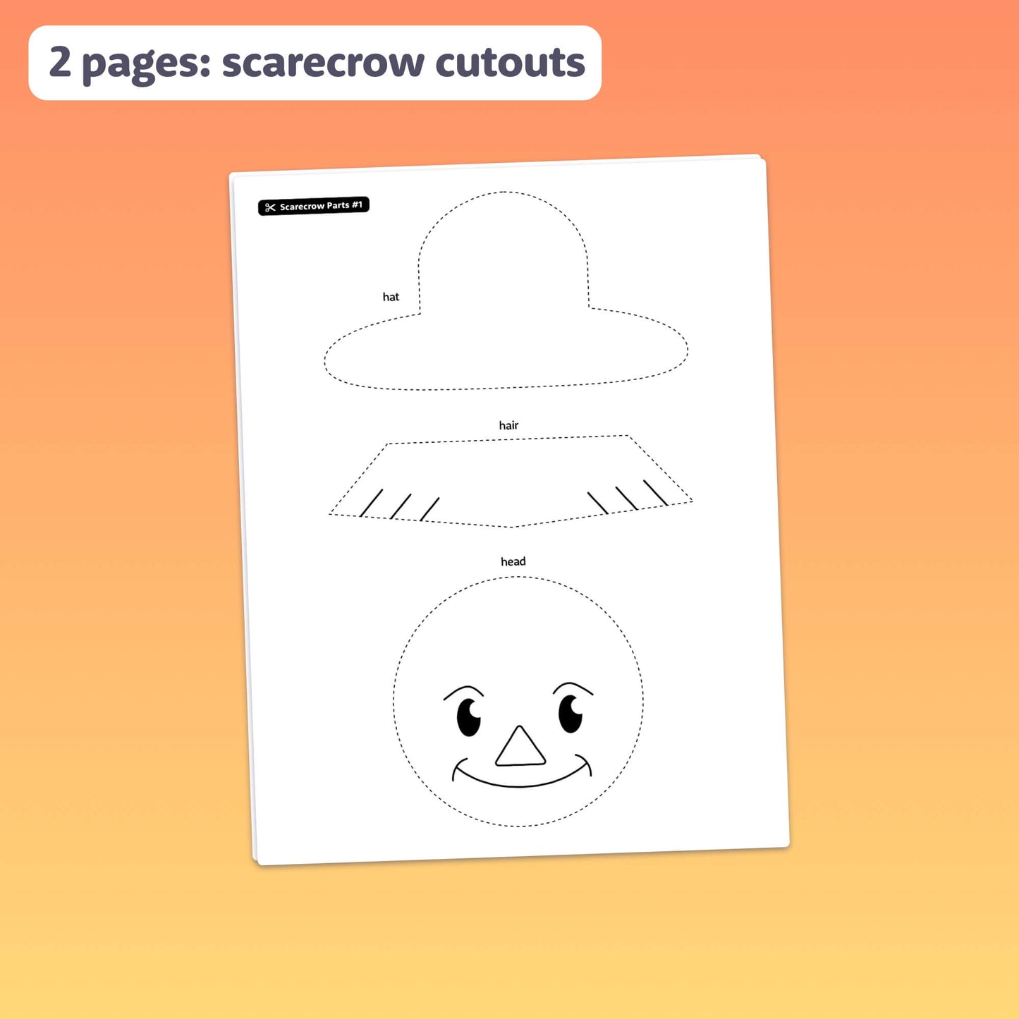 Autumn Scarecrow Writing Activity with hat, hair, and head pieces.