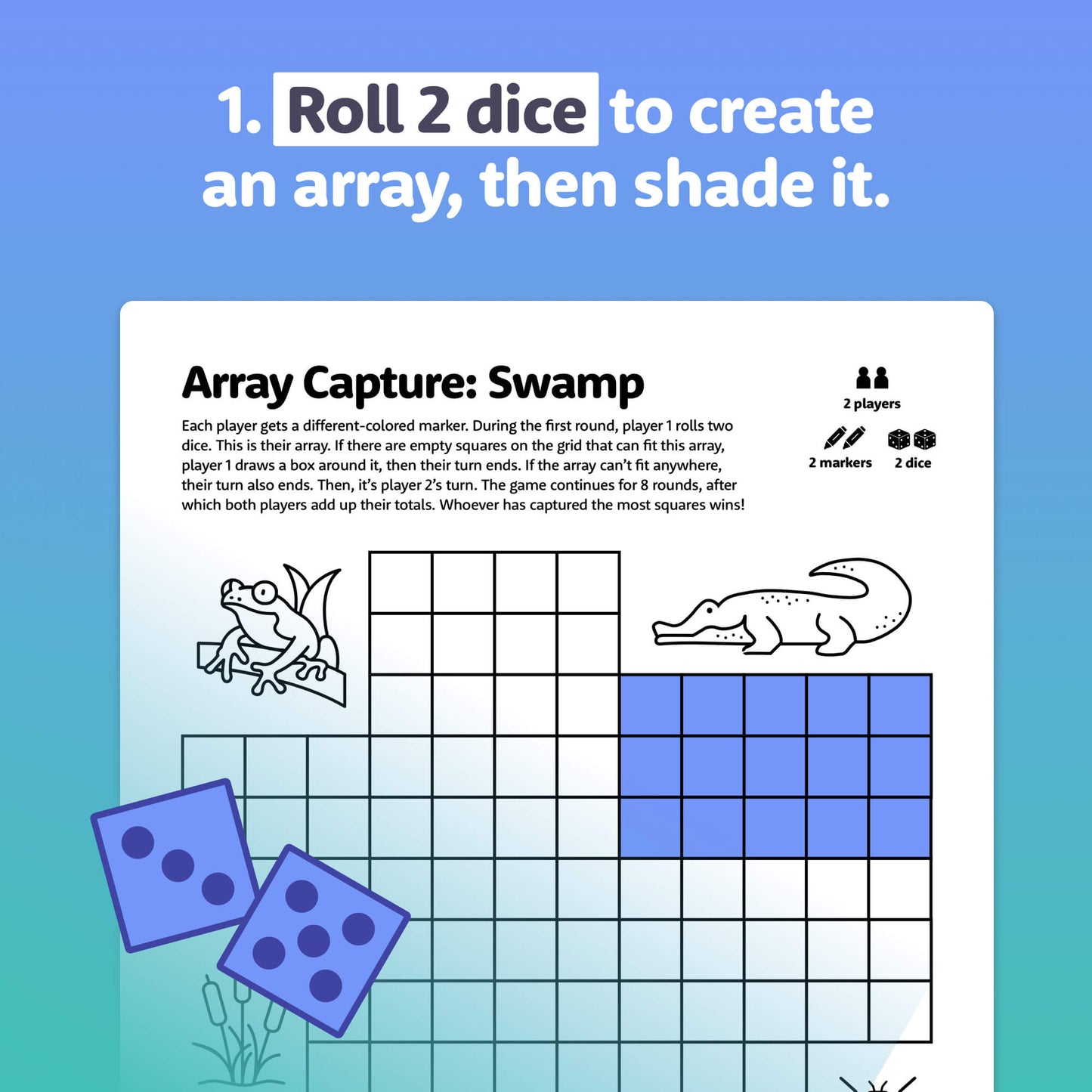 Array Capture Game instructions with a dice, grid, and cartoon alligator.