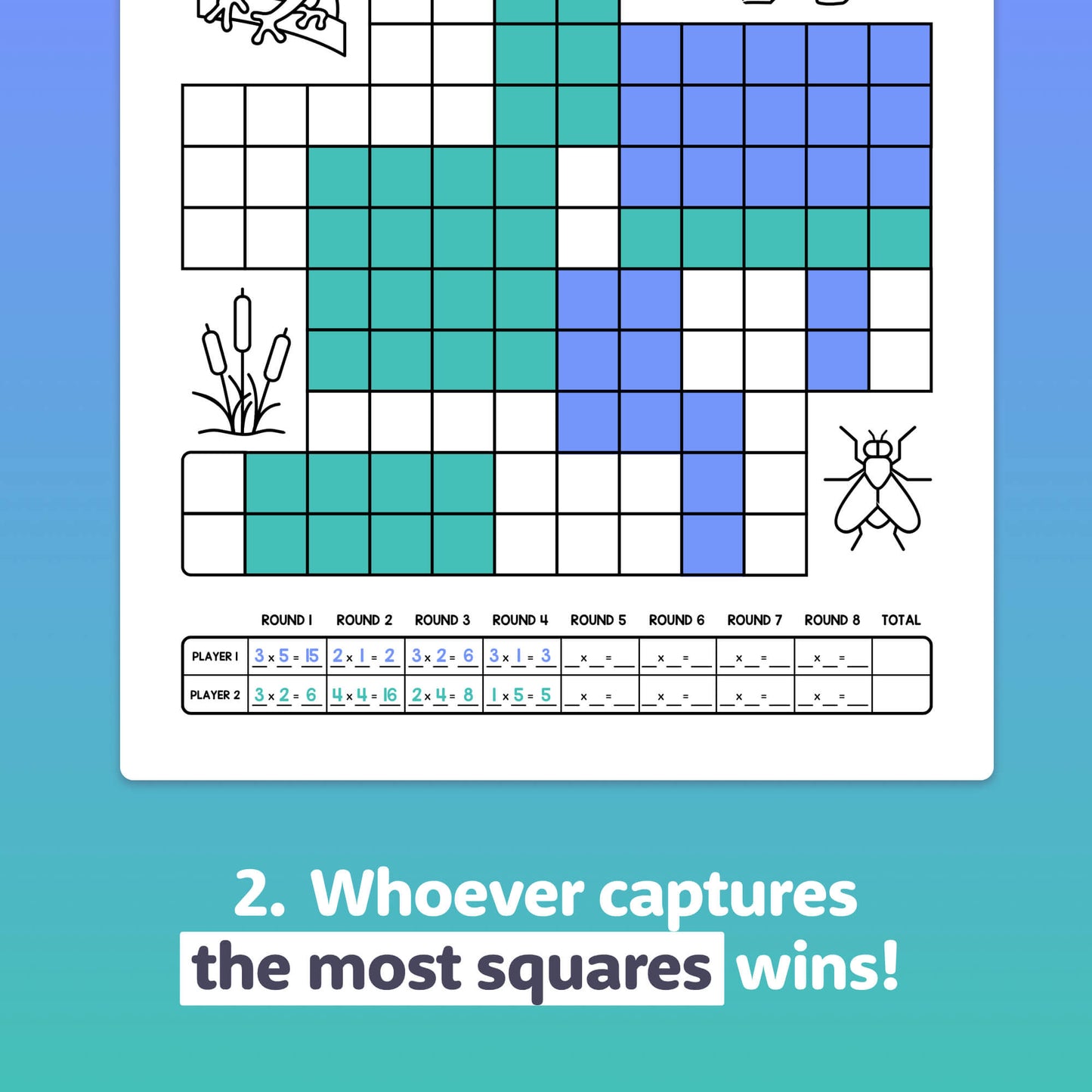 A grid with squares, insects, plants, and text at the bottom.