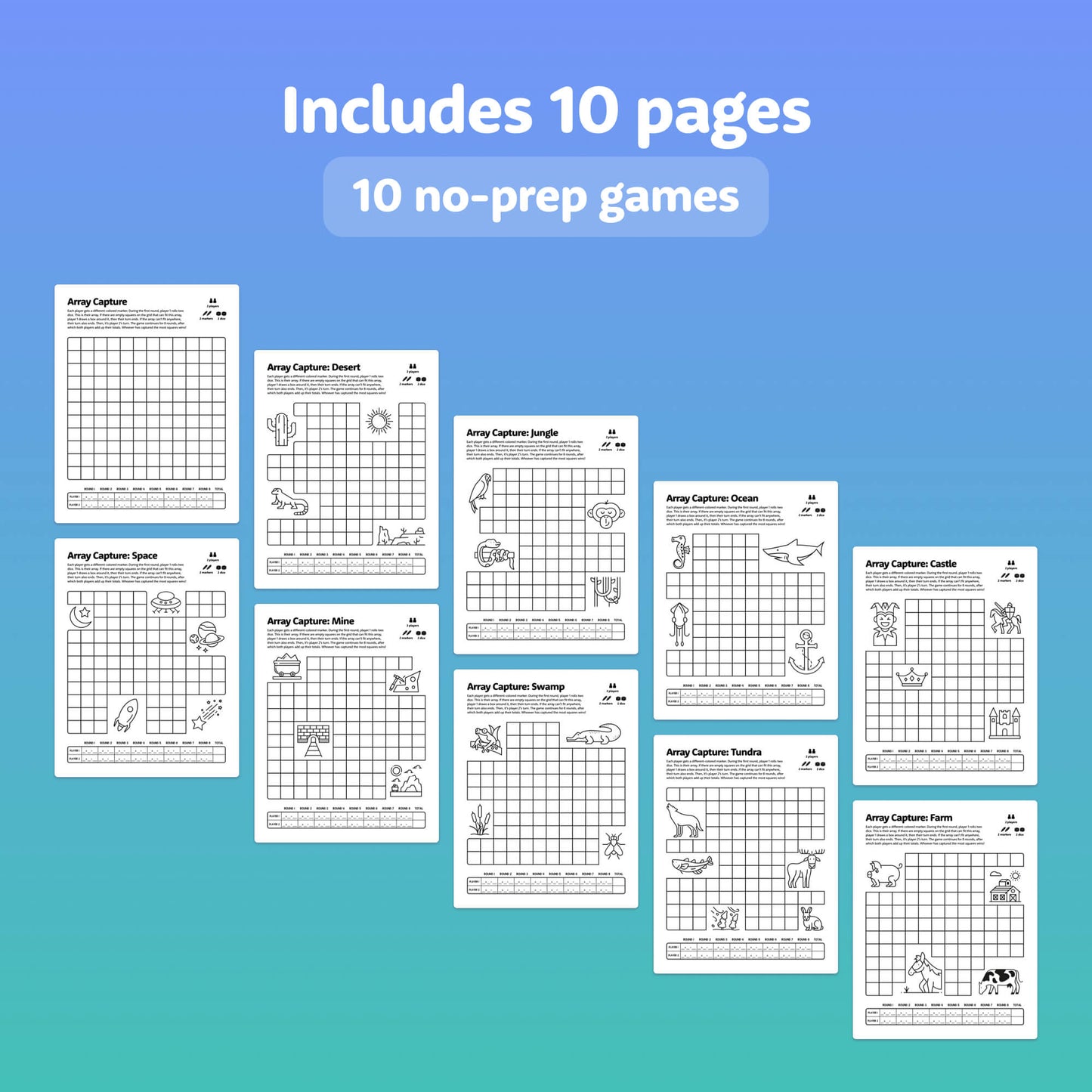 Animal-themed grid game activity sheets for kids.
