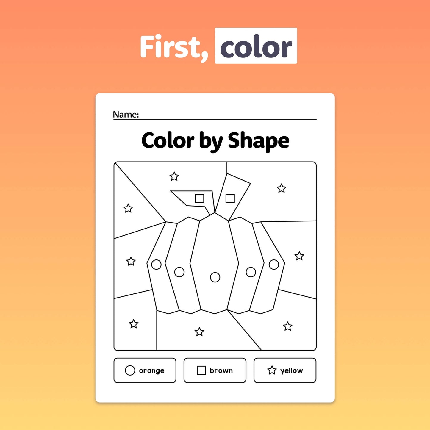 Pumpkin shape coloring and graphing worksheets with orange, brown, yellow options.