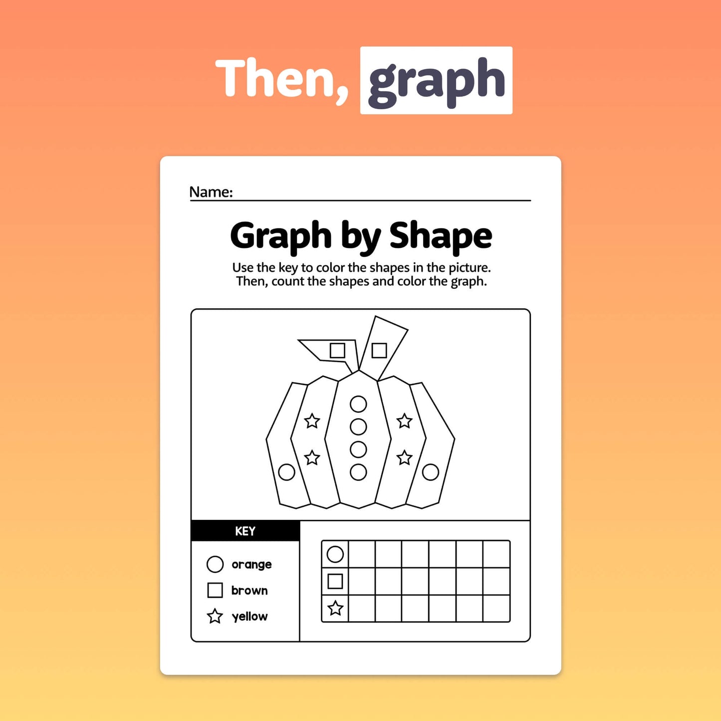 Worksheet titled "Autumn 2D Shapes: Color & Graph" with graphing activity for children.