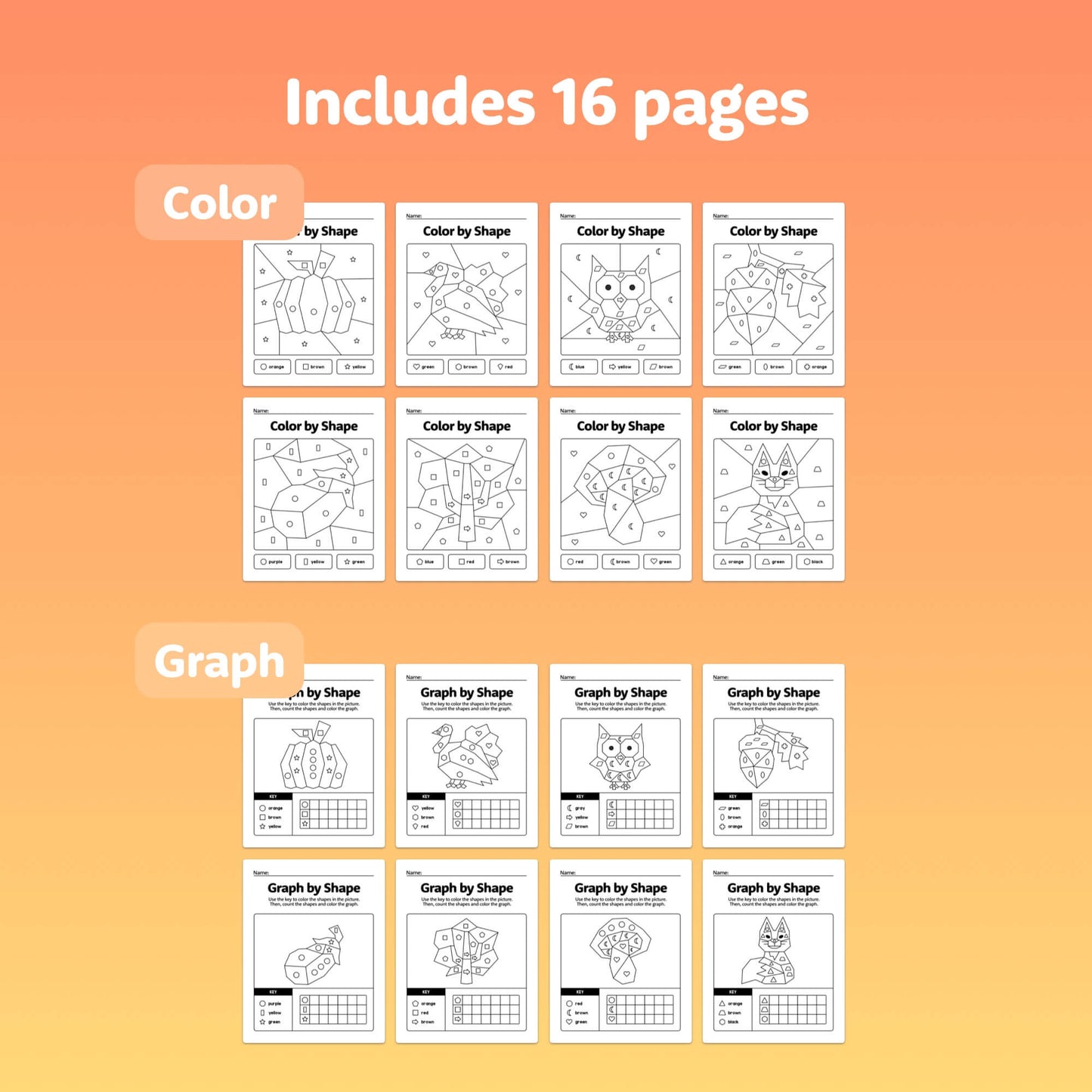 16 pages of educational worksheets focused on color and graph activities using 2D shapes.