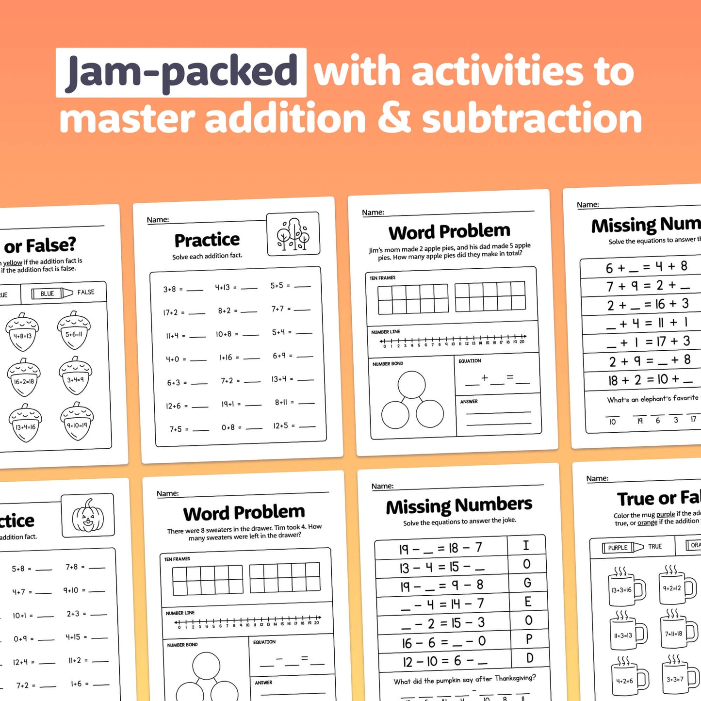 Printable PDF worksheets with addition and subtraction activities within 20.