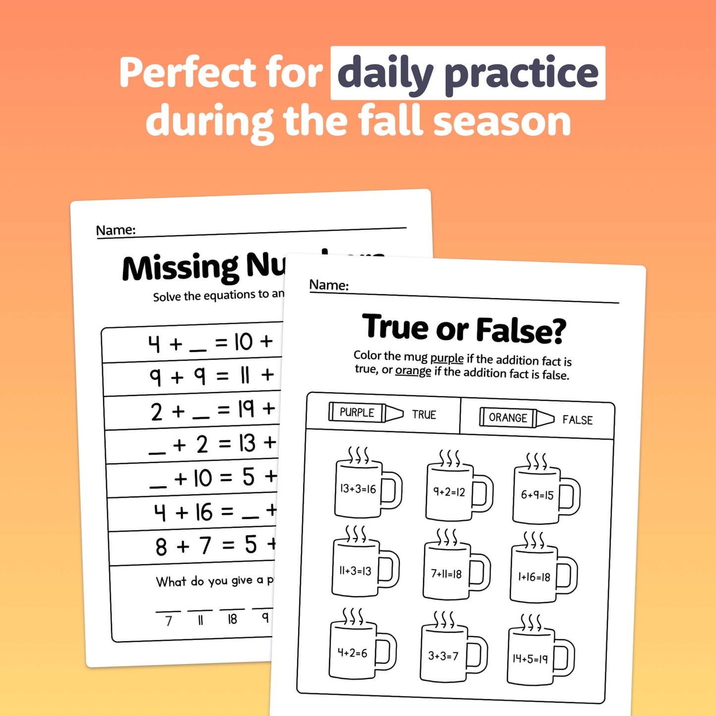 Two worksheets for addition and subtraction within 20 with fall-themed designs.