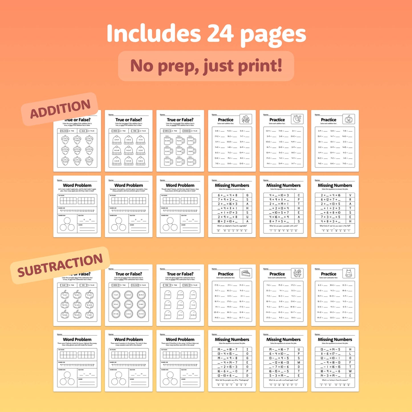 Addition and subtraction worksheets for numbers up to 20.
