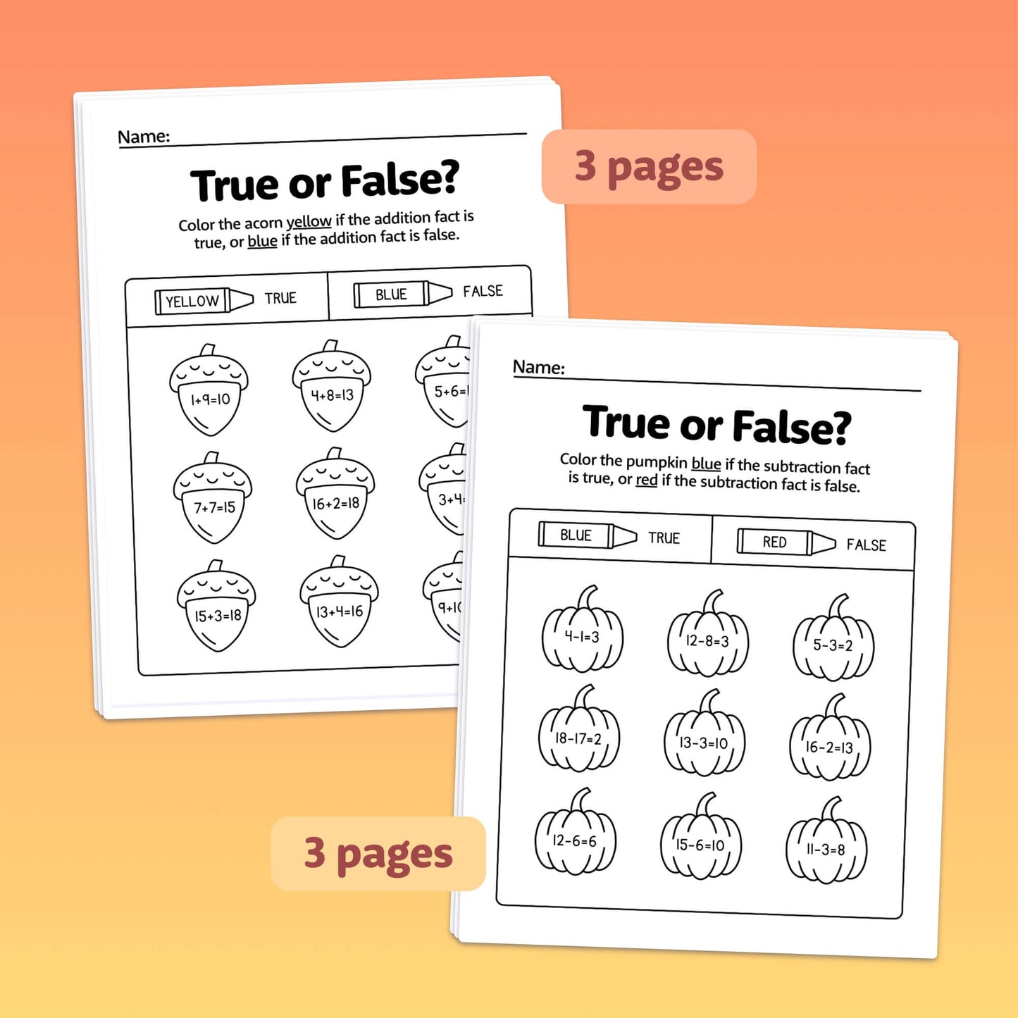 Two worksheets titled "Autumn Add & Subtract Within 20 Worksheets" with math problems and coloring instructions.