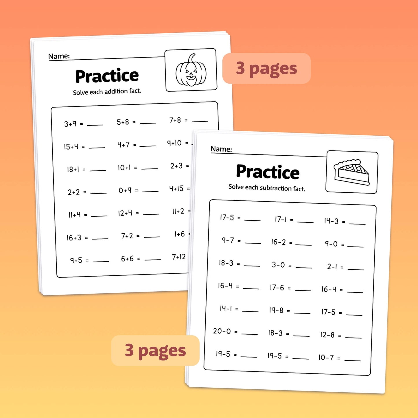 Two math practice sheets: one for addition, one for subtraction within 20.
