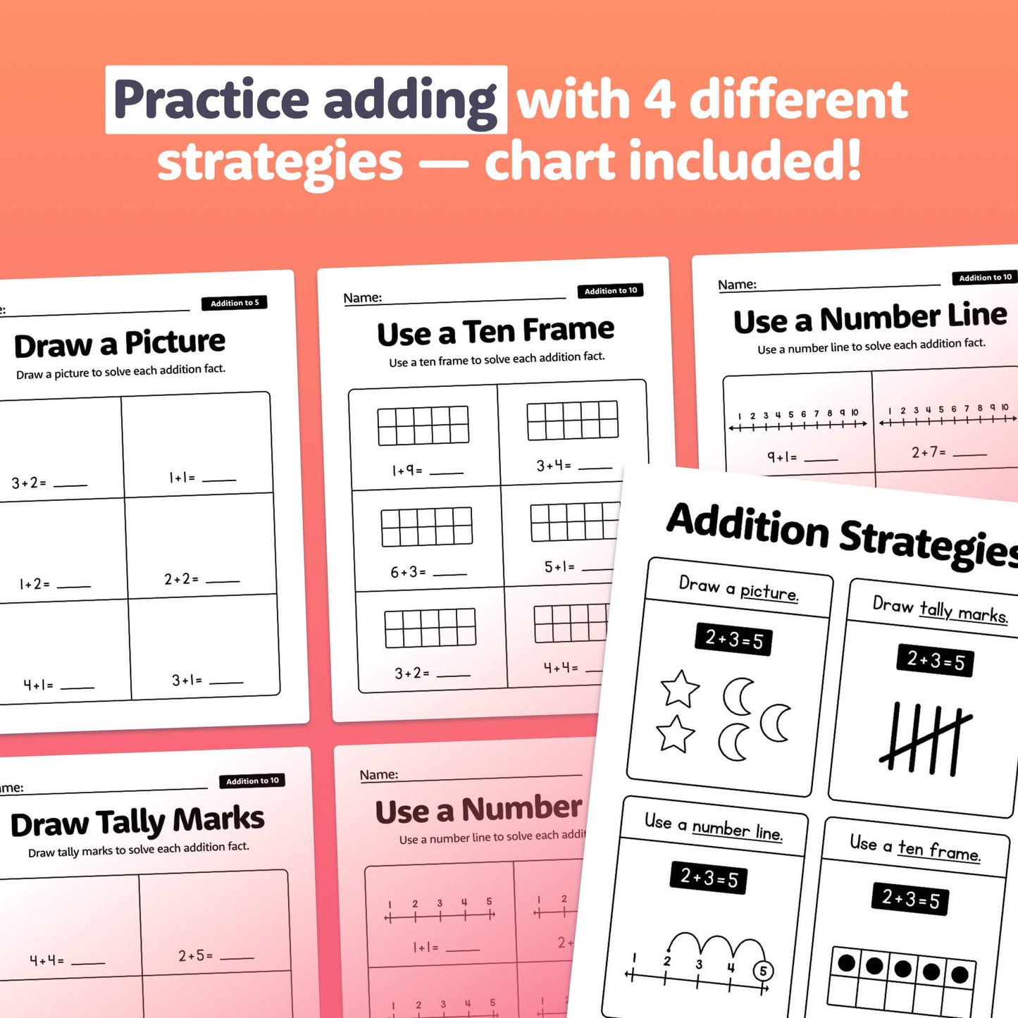 Addition strategies worksheets displaying picture, ten-frame, number line, and tally methods.