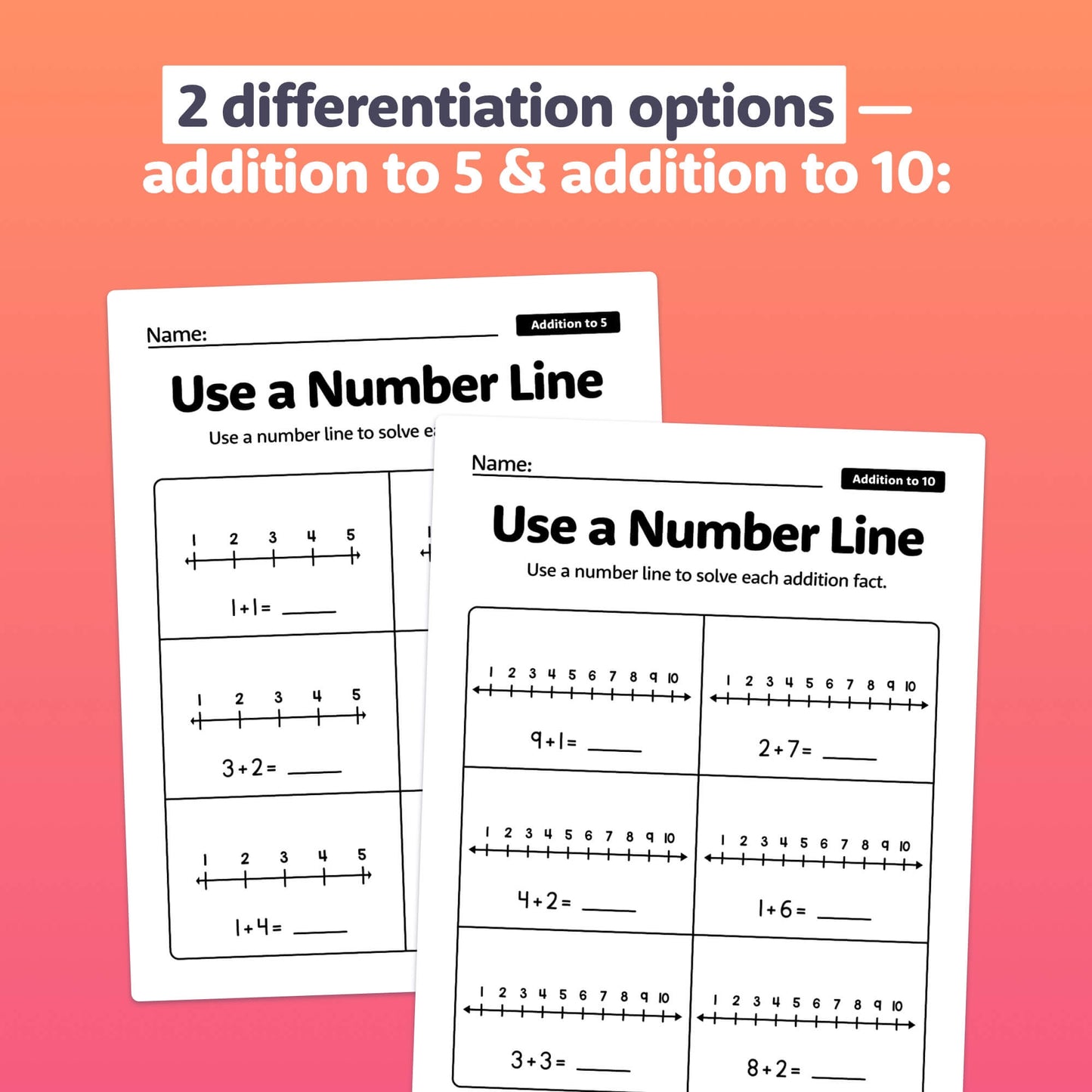 Two worksheets with number lines for practicing addition to 5 and 10.
