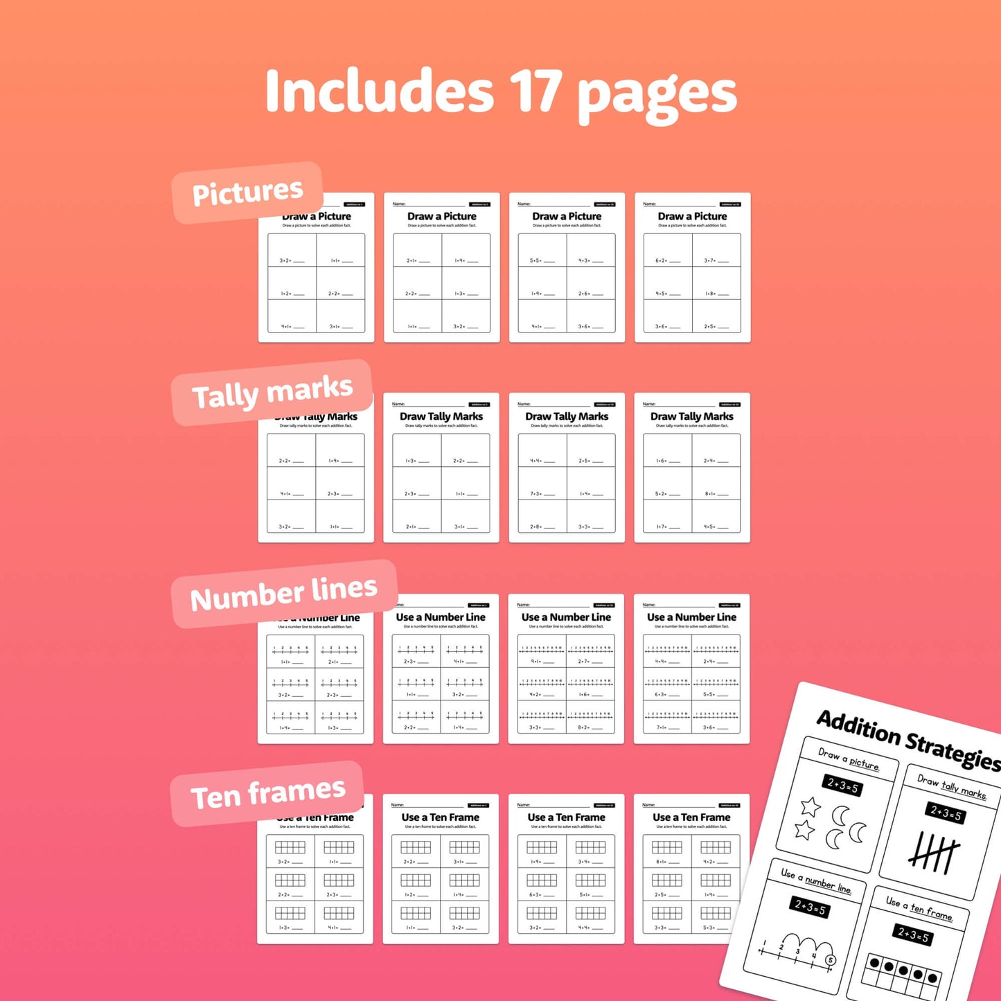 A page with 17 worksheets using pictures, tally marks, number lines, and ten frames.